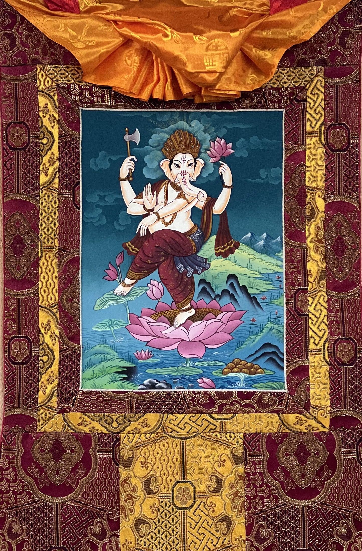 Lord Ganesha Ganesha/ Ganapati/Vinayaka, Newari Paubha/ Thangka Painting, Original  Masterpiece Art with High-Quality Silk Brocade