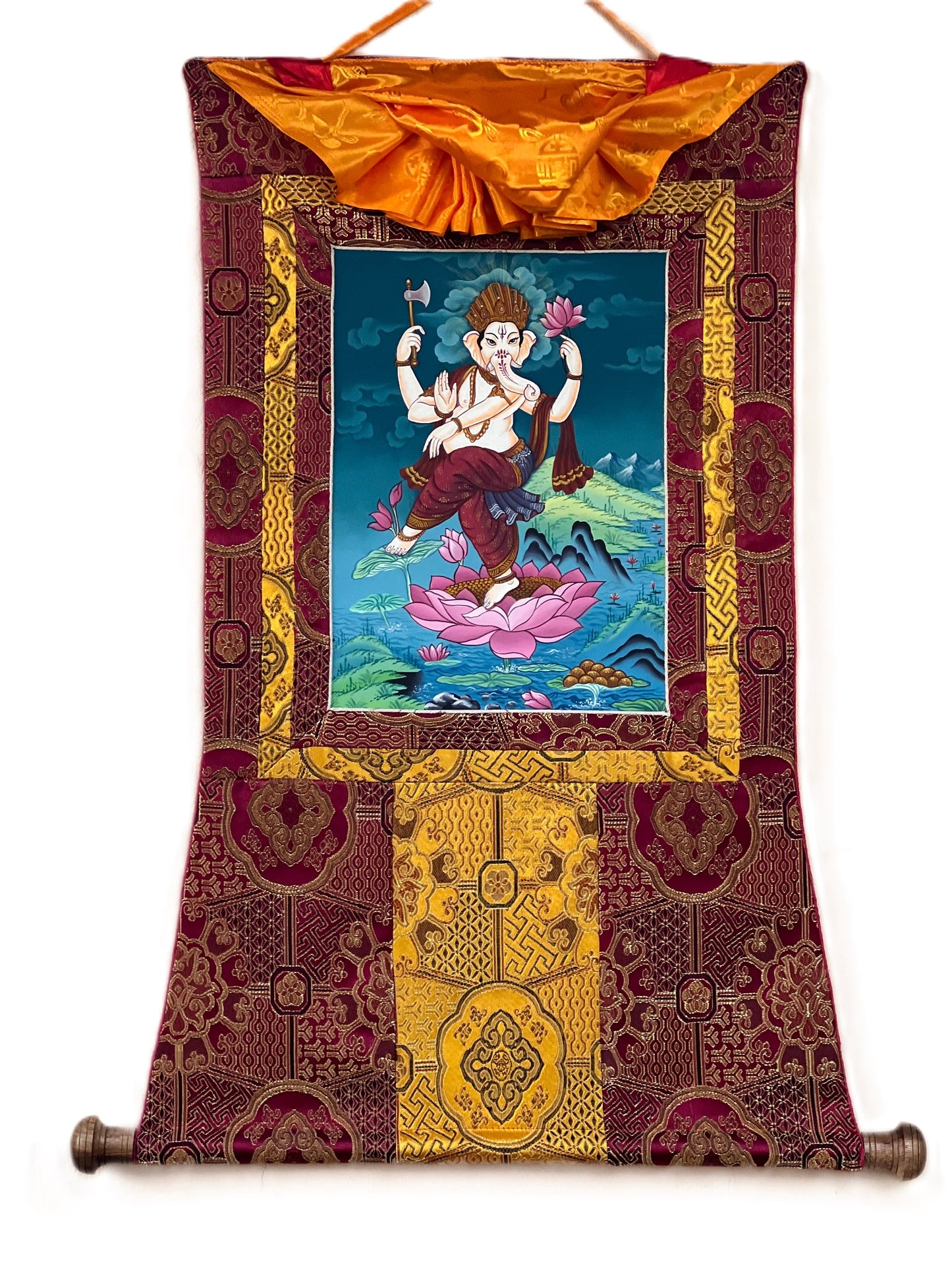 Lord Ganesha Ganesha/ Ganapati/Vinayaka, Newari Paubha/ Thangka Painting, Original  Masterpiece Art with High-Quality Silk Brocade