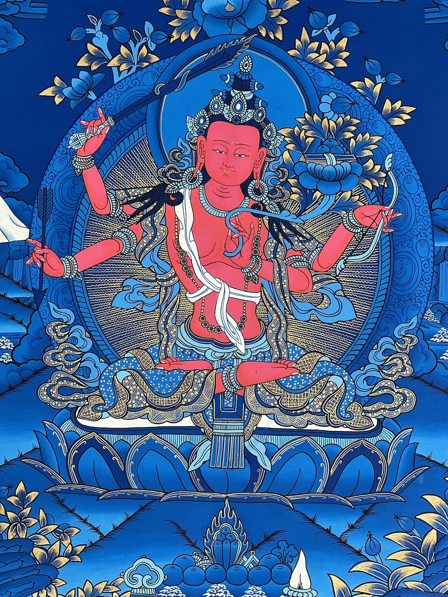 Red Manjushri Bodhisattva of wisdom  Masterpiece Tibetan Thangka Painting/ Original  Hand Painting/ Buddhist Art