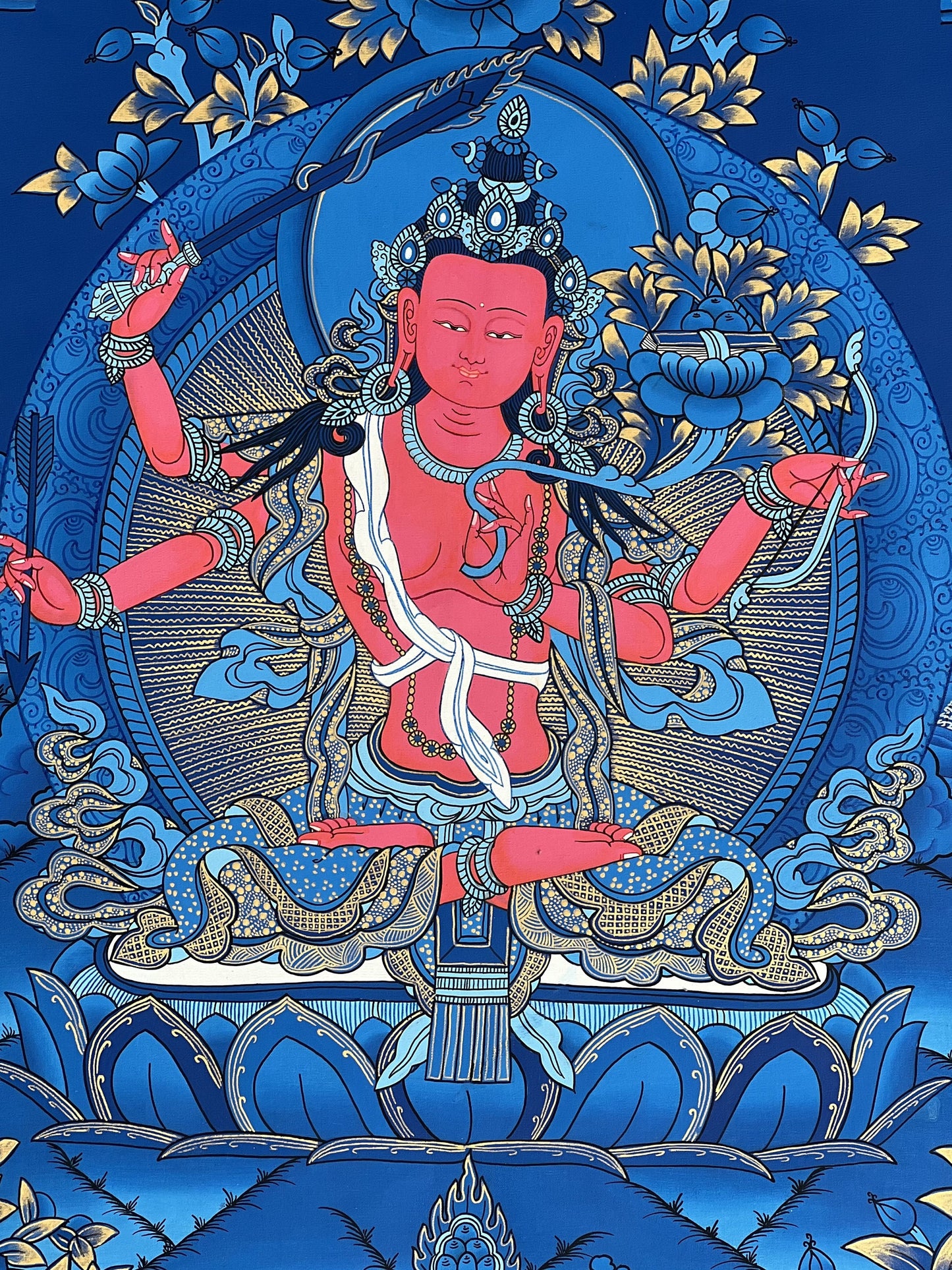 Red Manjushri Bodhisattva of wisdom  Masterpiece Tibetan Thangka Painting/ Original  Hand Painting/ Buddhist Art