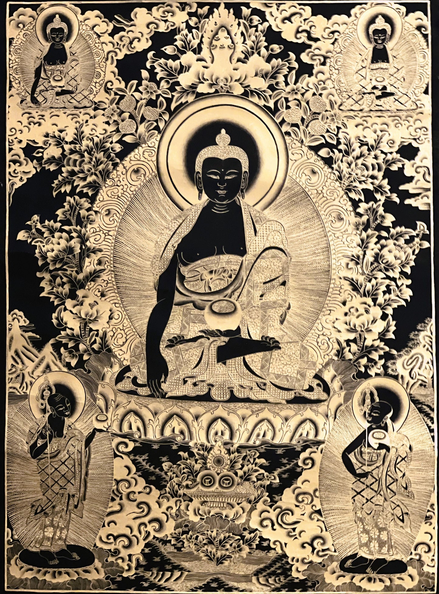 Shakyamuni Buddha/ Siddhartha Gautama Black and Gold Tibetan Thangka Painting Original Hand-painted Masterpiece Art