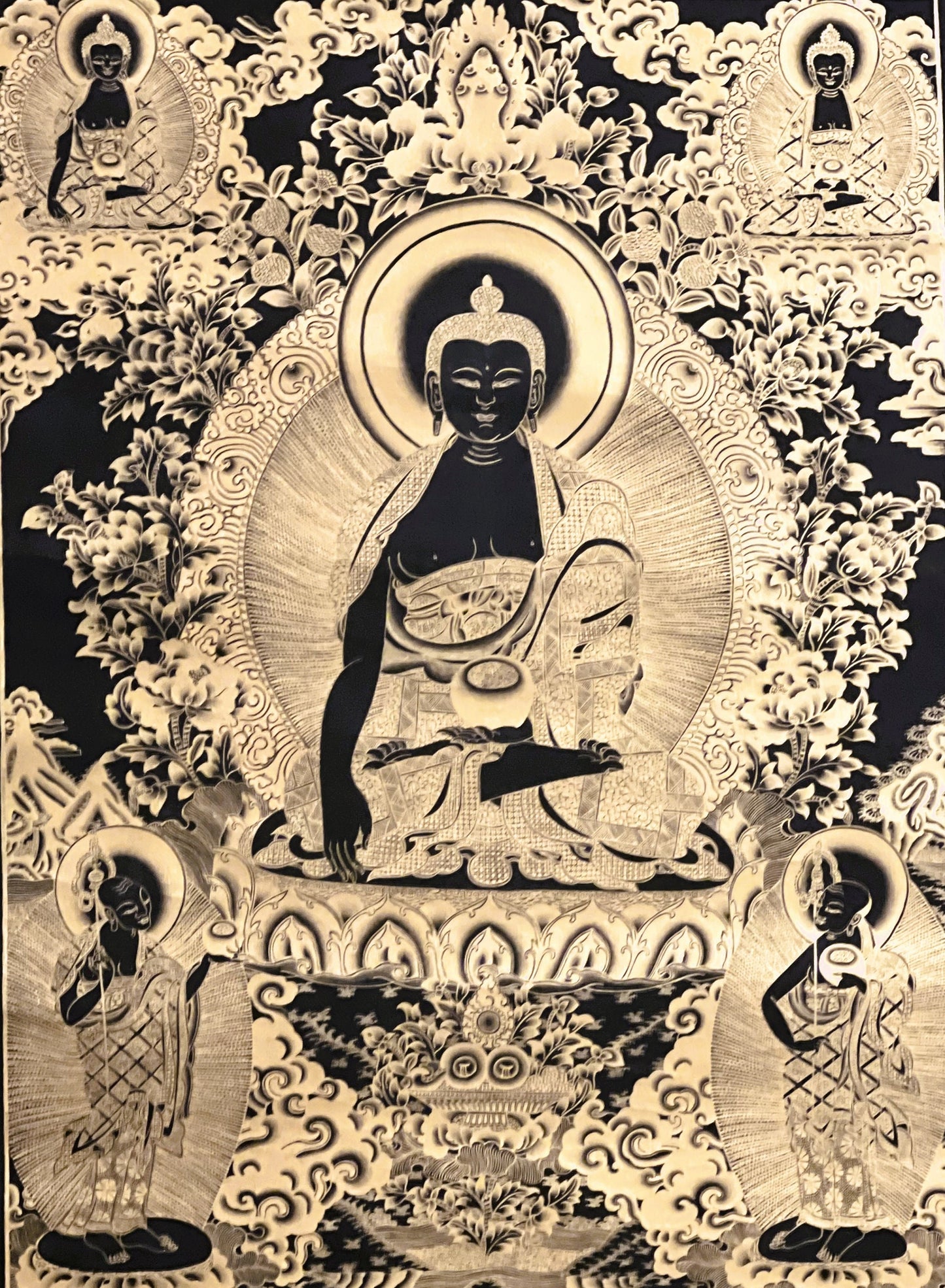 Shakyamuni Buddha/ Siddhartha Gautama Black and Gold Tibetan Thangka Painting Original Hand-painted Masterpiece Art