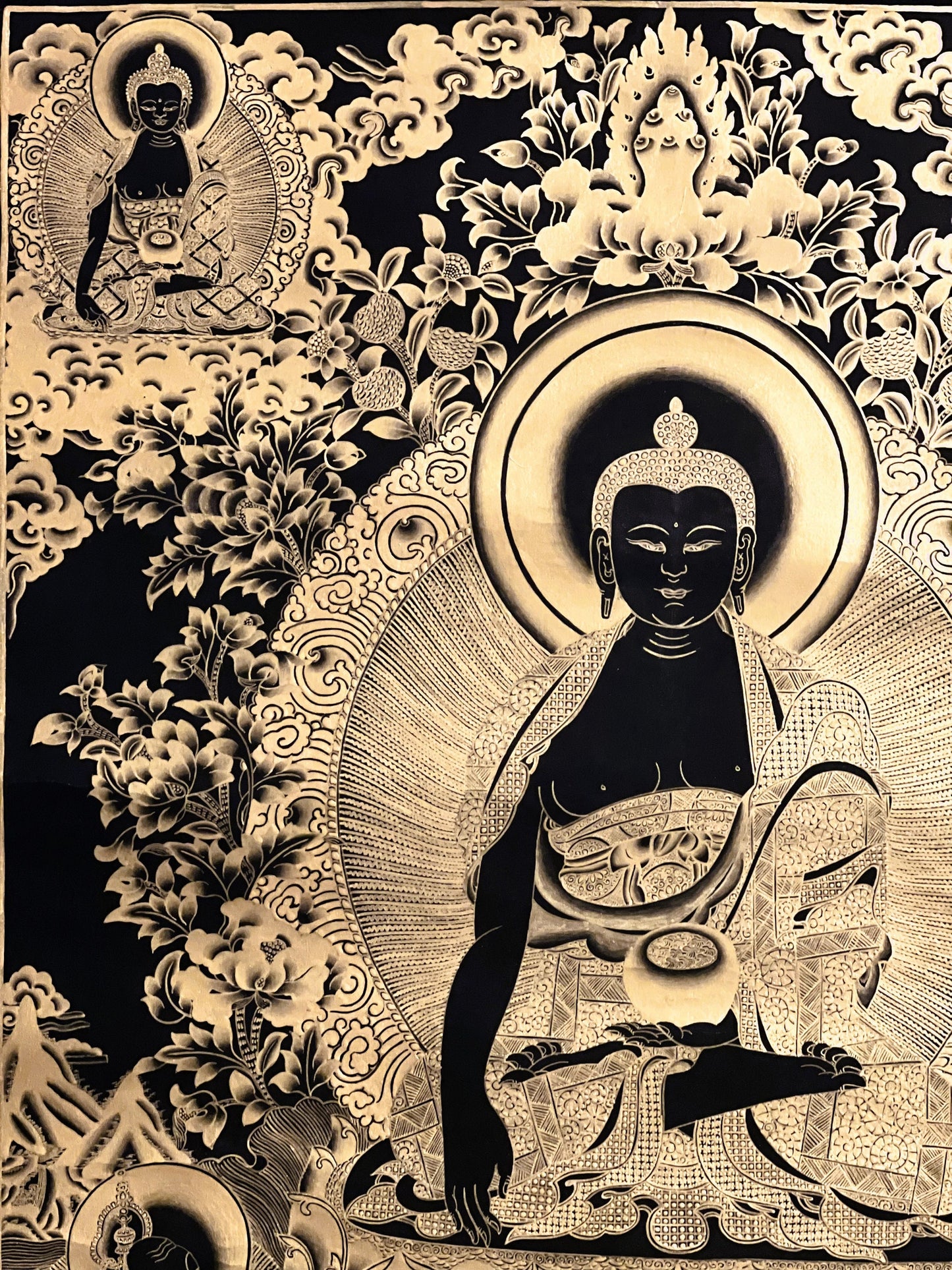 Shakyamuni Buddha/ Siddhartha Gautama Black and Gold Tibetan Thangka Painting Original Hand-painted Masterpiece Art