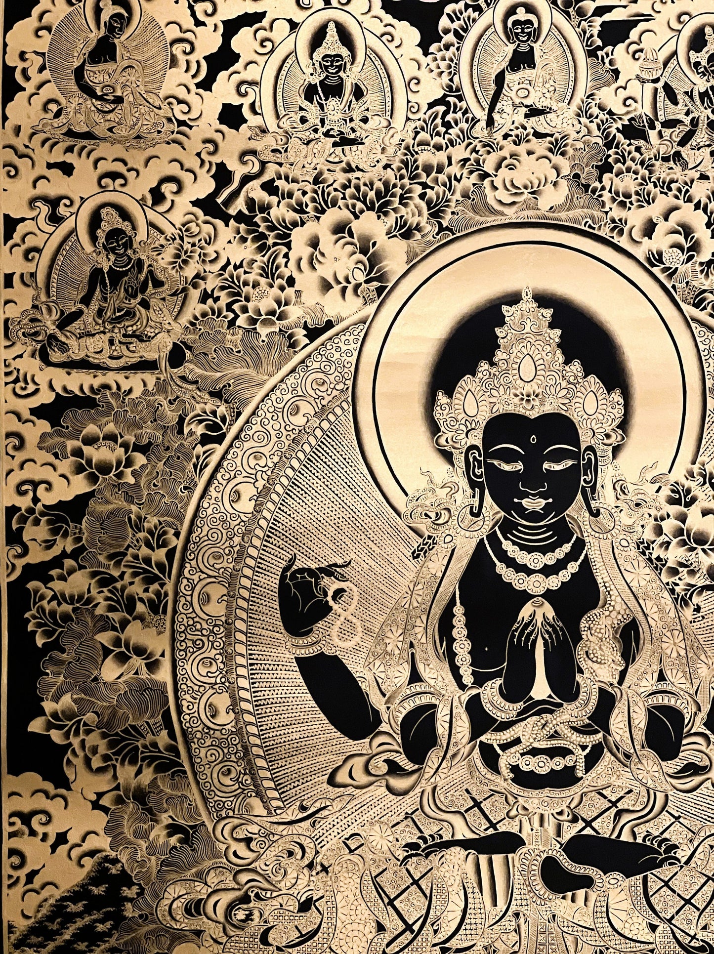 4 -Armed Chyangresi Chenrezig Avalokiteshvara Original Masterpiece Tibetan Thangka Painting Compassion Meditation Art in Black and Gold