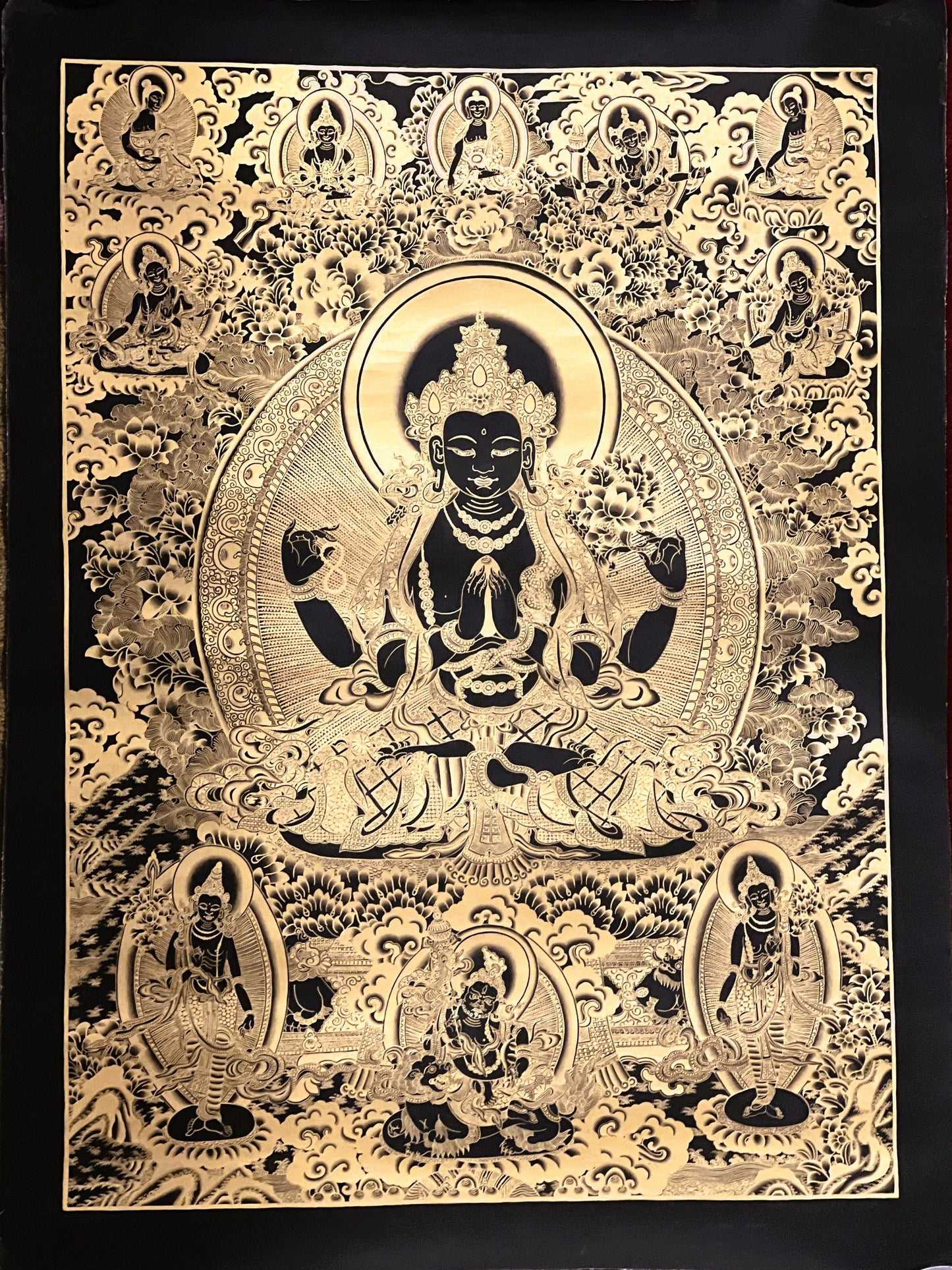 4 -Armed Chyangresi Chenrezig Avalokiteshvara Original Masterpiece Tibetan Thangka Painting Compassion Meditation Art in Black and Gold