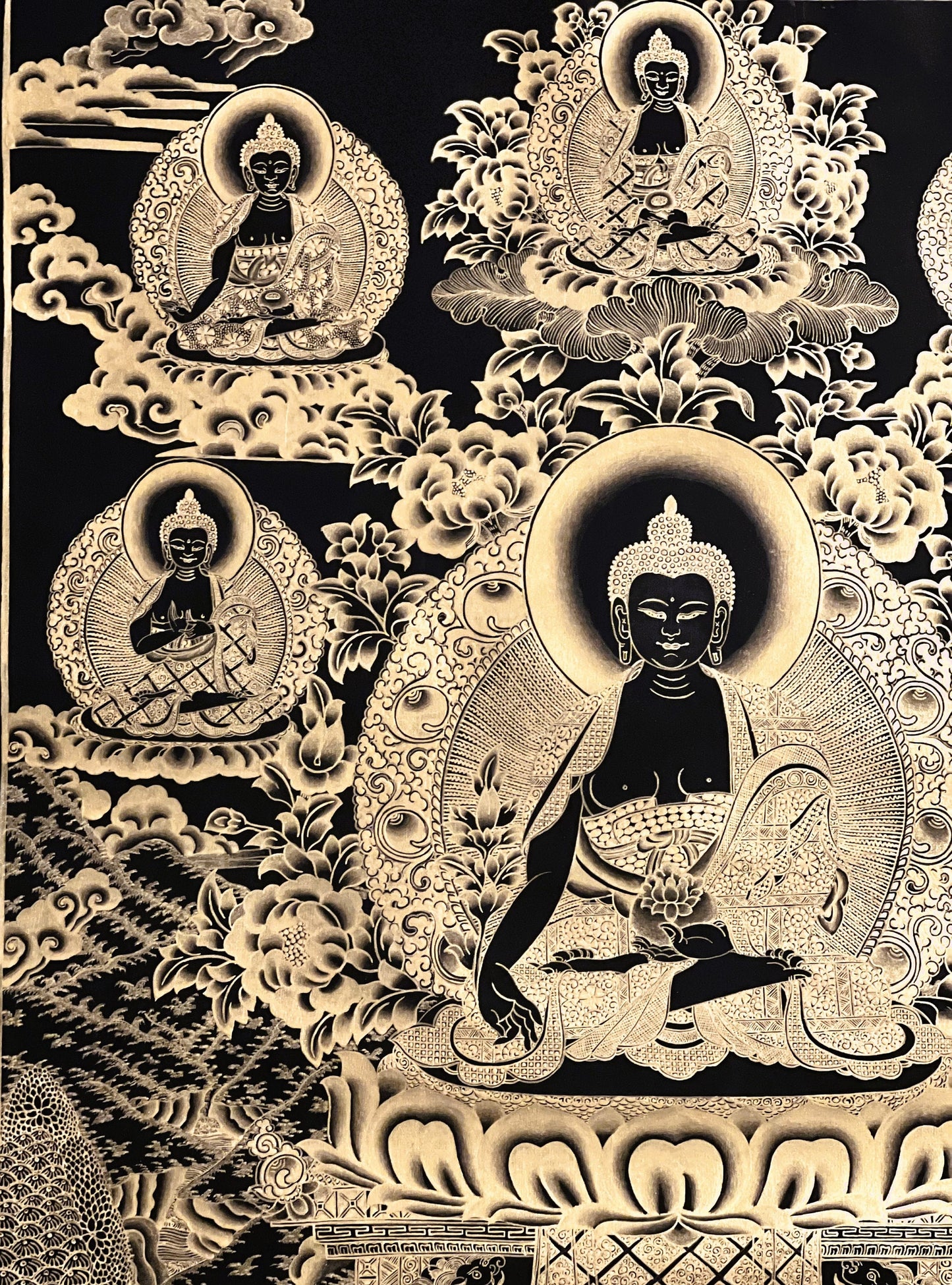 Original Hand-Painted Masterpiece Black and Gold Eight Medicine Buddha/Bhaisajyaguru Tibetan Meditation Thangka  Painting