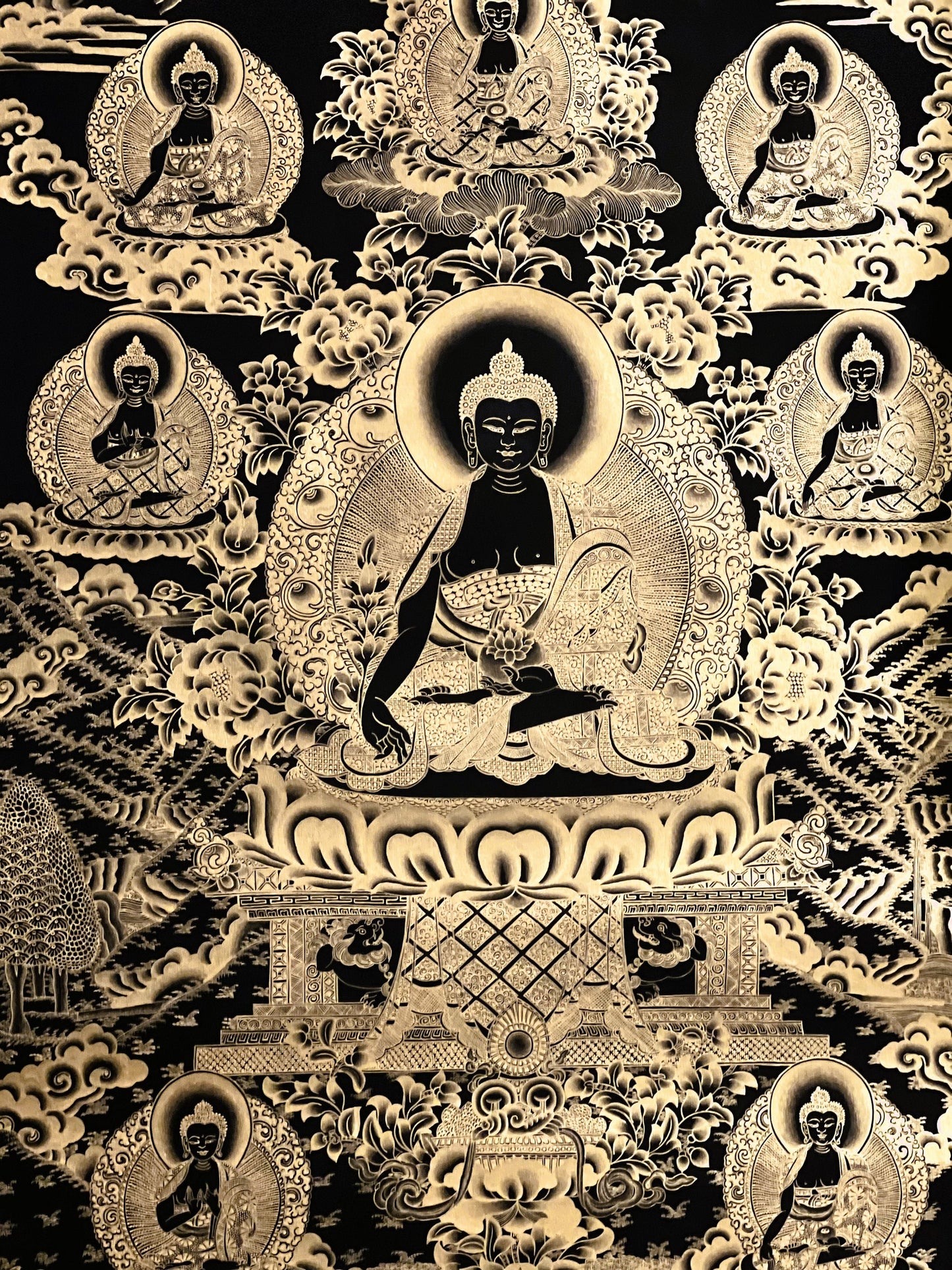 Original Hand-Painted Masterpiece Black and Gold Eight Medicine Buddha/Bhaisajyaguru Tibetan Meditation Thangka  Painting