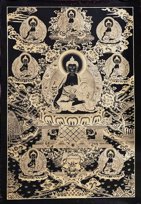 Original Hand-Painted Masterpiece Black and Gold Eight Medicine Buddha/Bhaisajyaguru Tibetan Meditation Thangka  Painting