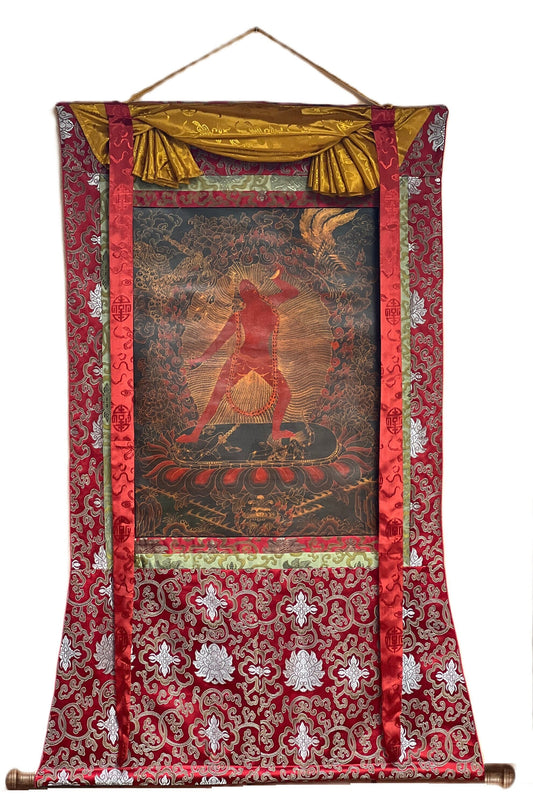 Vajrayoginī/ Yogini/ Dorje Neljorma/ Female Buddha Old Oil Varnished Tibetan Thangka Painting Original Hand-painting with Silk Brocade