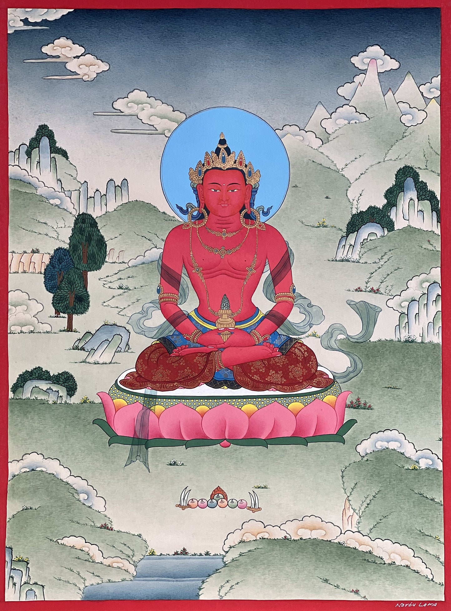 Buddha Amitayus/Aparamita Pure Land Buddha of Sukhavati / Eternal Life Original Masterpiece Tibetan Thangka Painting in Karma Gadri Style