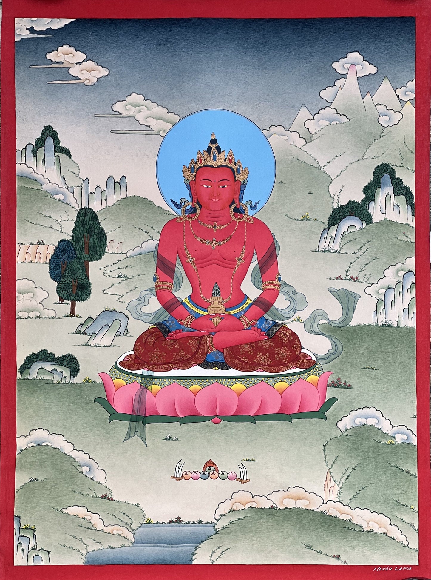 Buddha Amitayus/Aparamita Pure Land Buddha of Sukhavati / Eternal Life Original Masterpiece Tibetan Thangka Painting in Karma Gadri Style