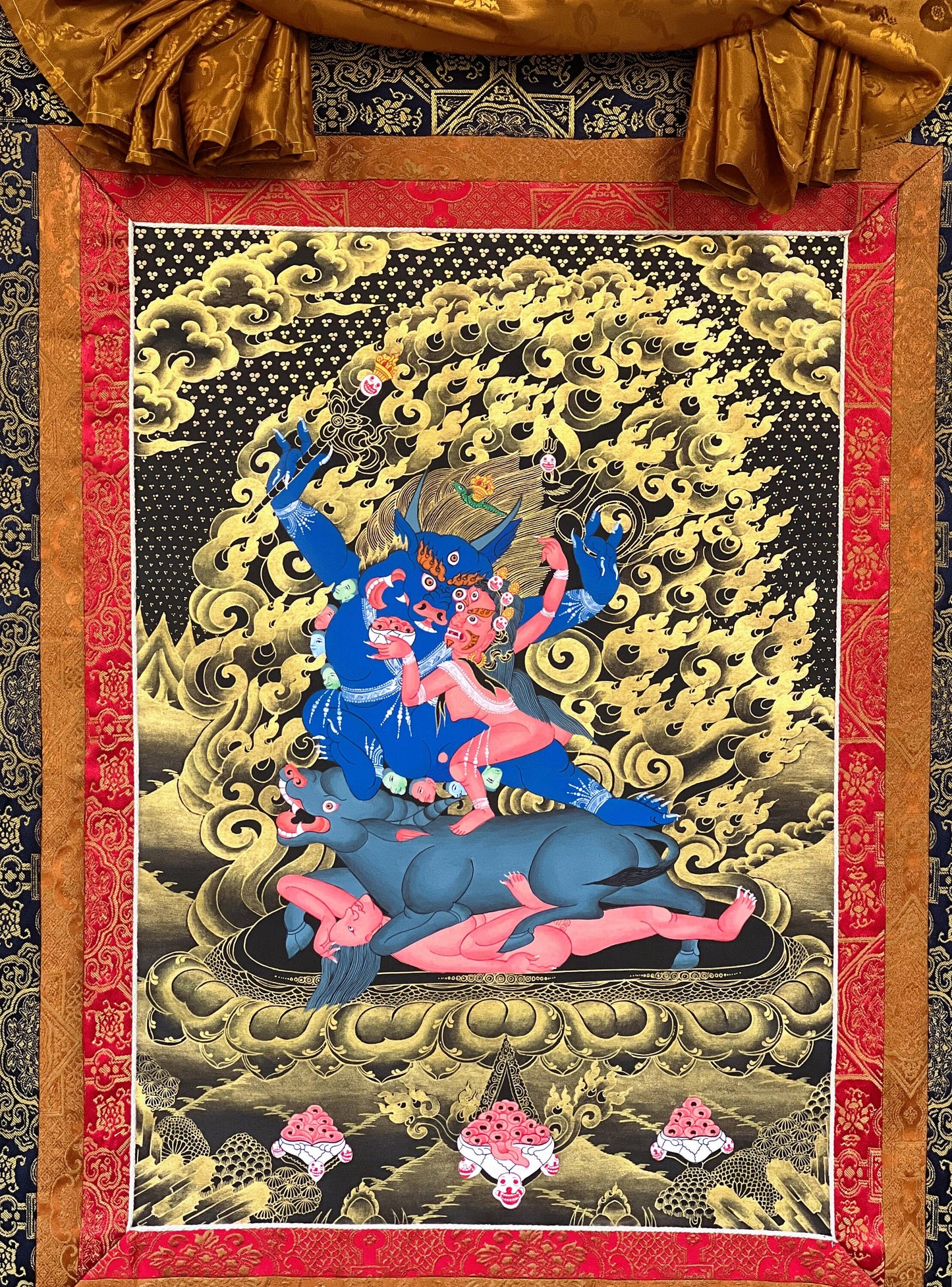 Yama Dharmaraja/Lord of Justice Master Quality Tibetan Thangka Painting, Original Hand Painted Meditation Art with Premium Silk Brocade