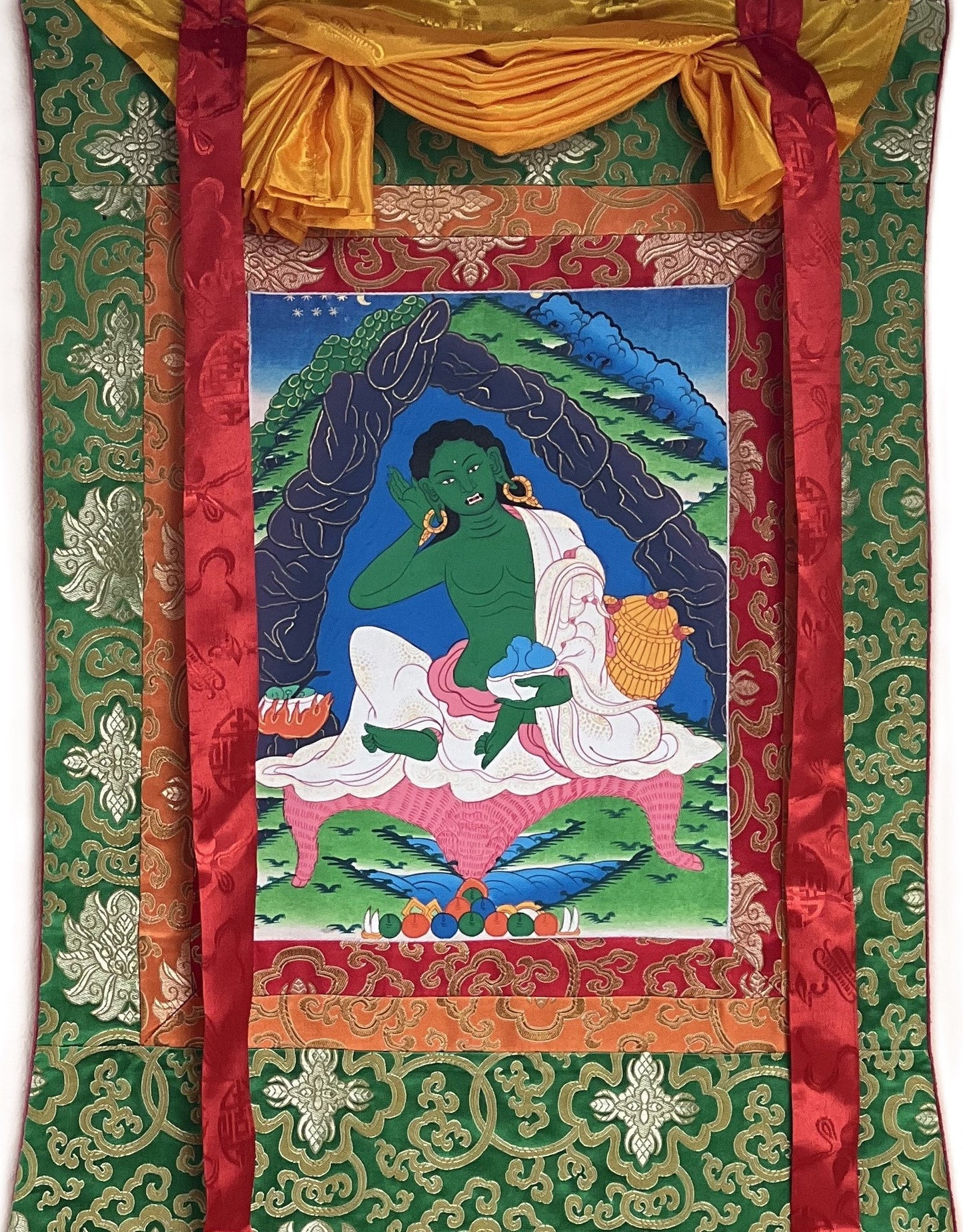 Jetsun Milarepa/Tibetan Yogi/ Siddha/ Poet/ Thangka Painting/ Original Art  Bordered with Traditional Silk