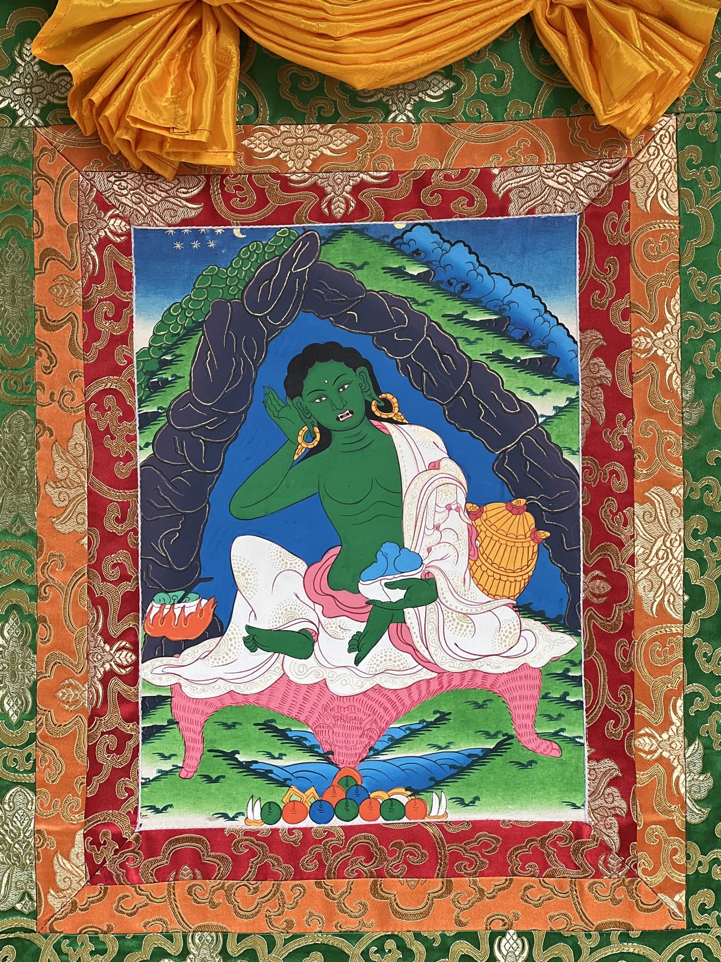 Jetsun Milarepa/Tibetan Yogi/ Siddha/ Poet/ Thangka Painting/ Original Art  Bordered with Traditional Silk