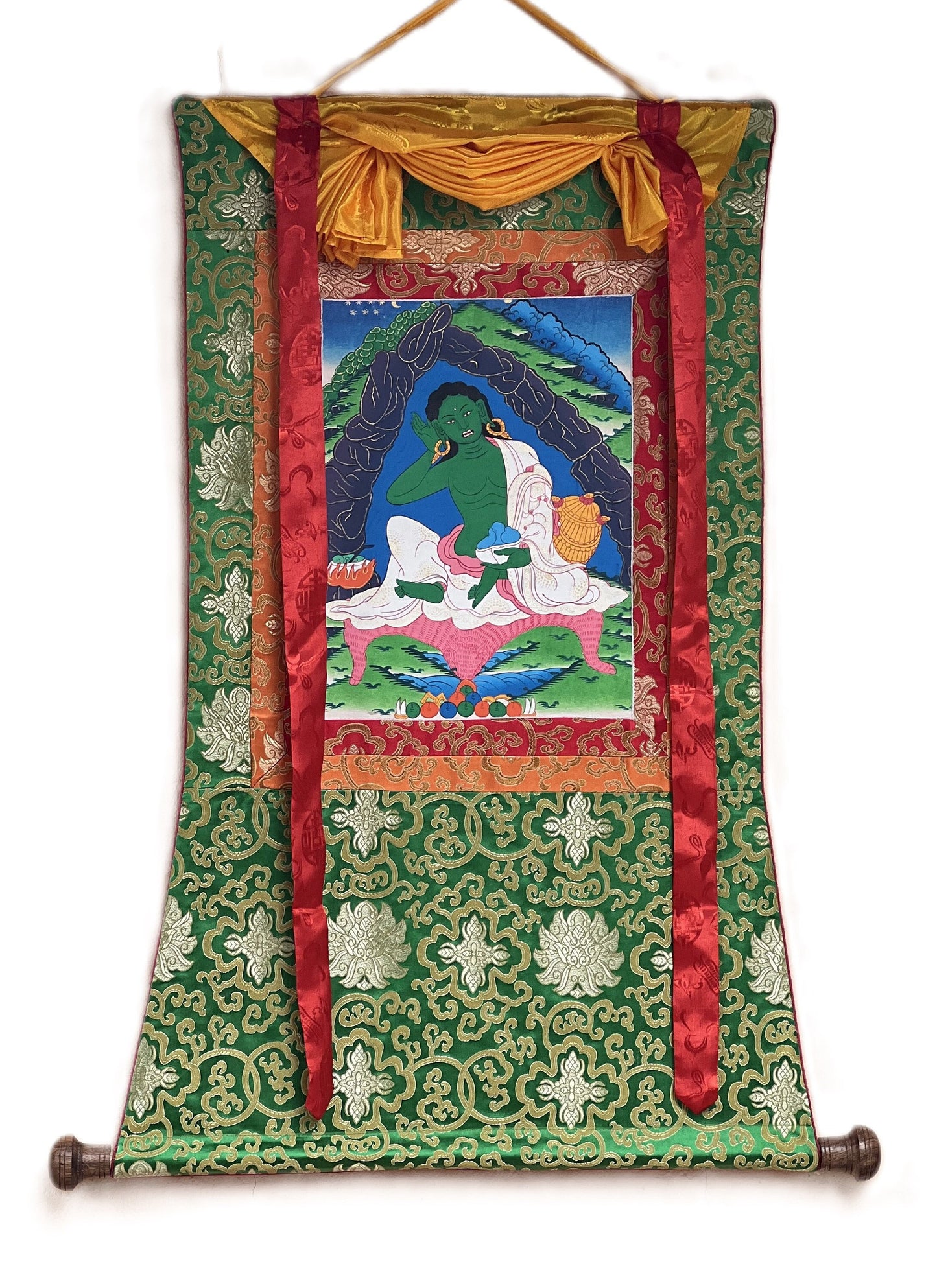 Jetsun Milarepa/Tibetan Yogi/ Siddha/ Poet/ Thangka Painting/ Original Art  Bordered with Traditional Silk