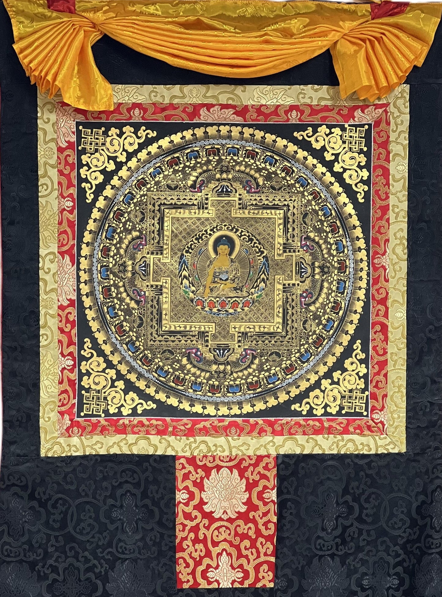 Shakyamuni Buddha Mandala Black and Gold Tibetan Thangka Painting Original Hand-Paining/Meditation Art/ Wall Hanging with Silk Brocade