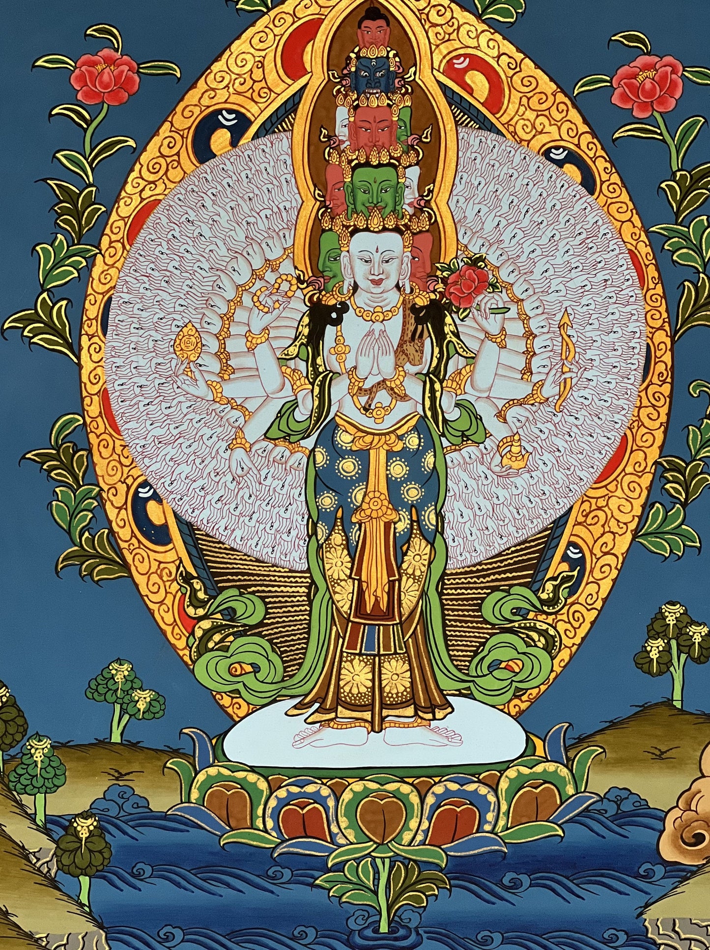 1000-ARMED Bodhisattva Avalokitesvara/ Lokeshwor/ God of Compassion Original Tibetan Thangka Art/ Hand-Painting for Peace and Wellbeing