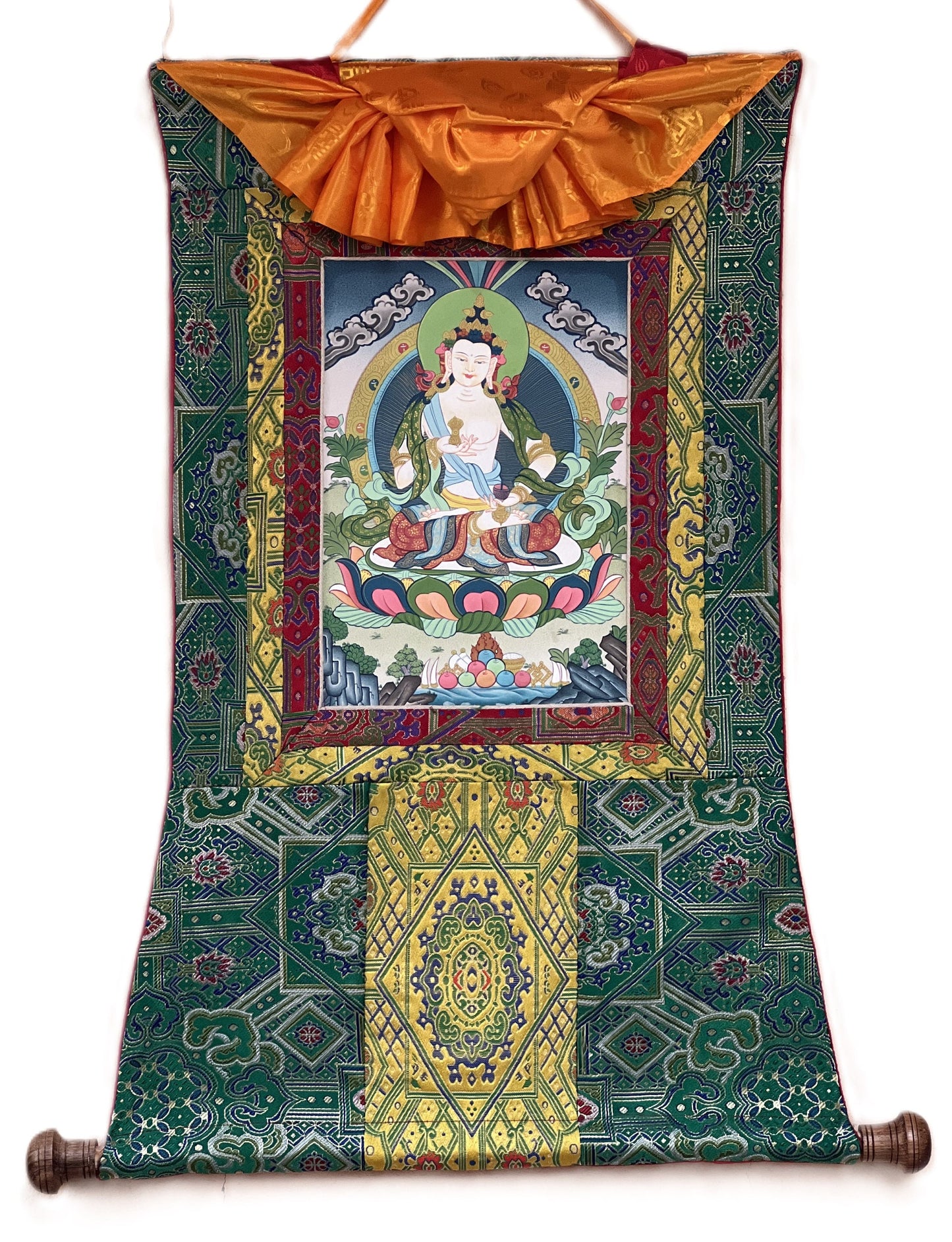 Vajrasattva/ Dorje Sempa/ Dhyani Buddha Tibetan Thangka Painting Original Buddhist Art/ Painting  with High Quality Silk Brocade