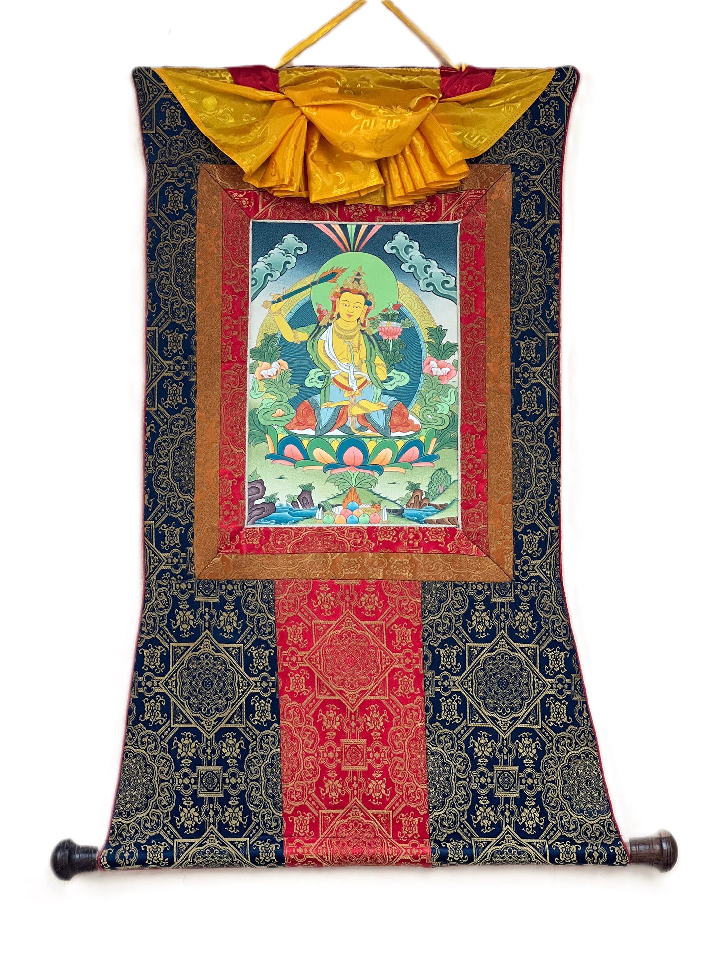 Manjushri/Manjusri/ Manjushree Bodhisattva of Divine Wisdom Tibetan Thangka Painting, Original Hand-painted  Art with Premium Silk Brocade