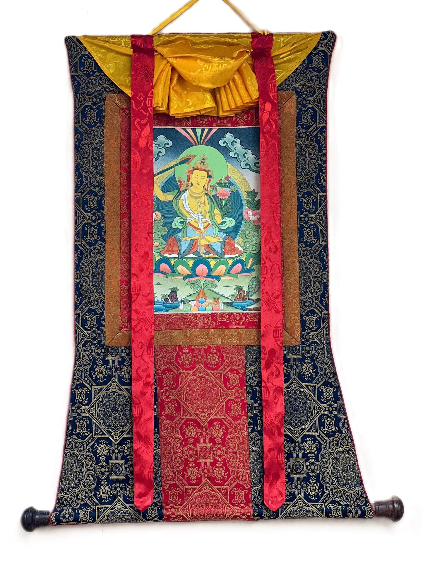 Manjushri/Manjusri/ Manjushree Bodhisattva of Divine Wisdom Tibetan Thangka Painting, Original Hand-painted  Art with Premium Silk Brocade