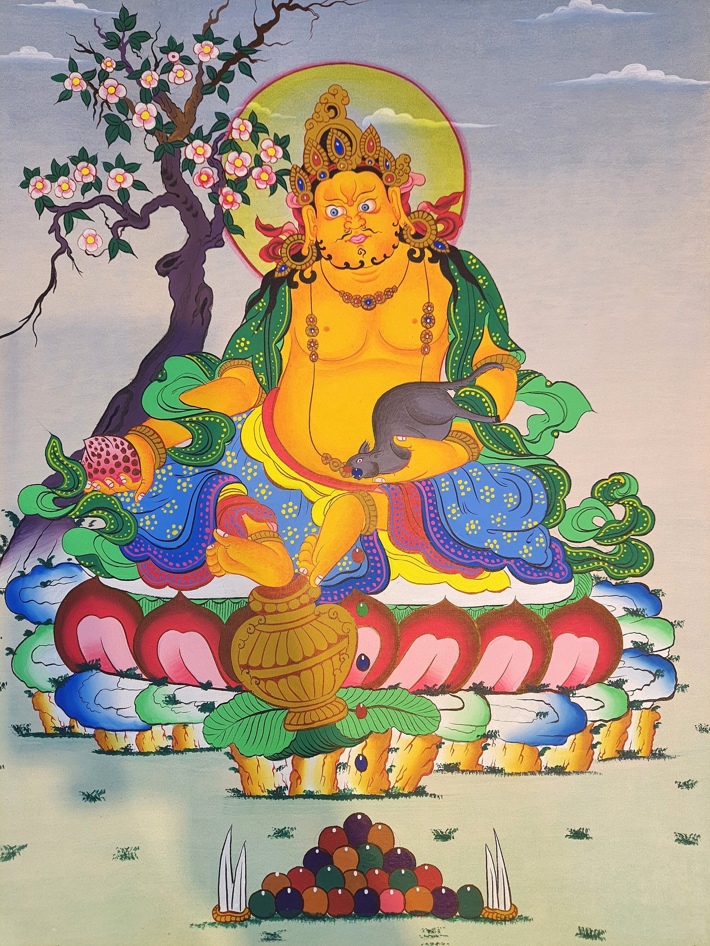 Jambhala/  Dzambhala/ Dzambala/ Zambala /Jambala/ Kubera God of Wealth Original Masterpiece Newari Paubha Style Tibetan Thangka Painting