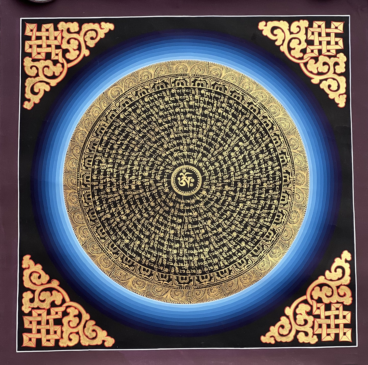 OM/ Om Mani Padme Hum Mantra Mandala Black and Gold Tibetan Thangka Painting Original Hand-Painted Meditation Art