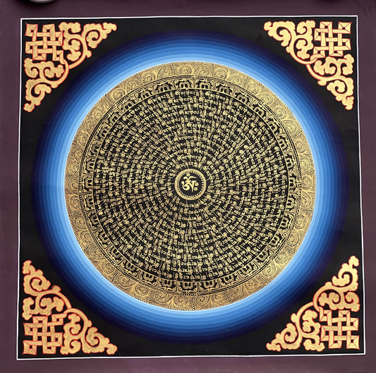 OM/ Om Mani Padme Hum Mantra Mandala Black and Gold Tibetan Thangka Painting Original Hand-Painted Meditation Art