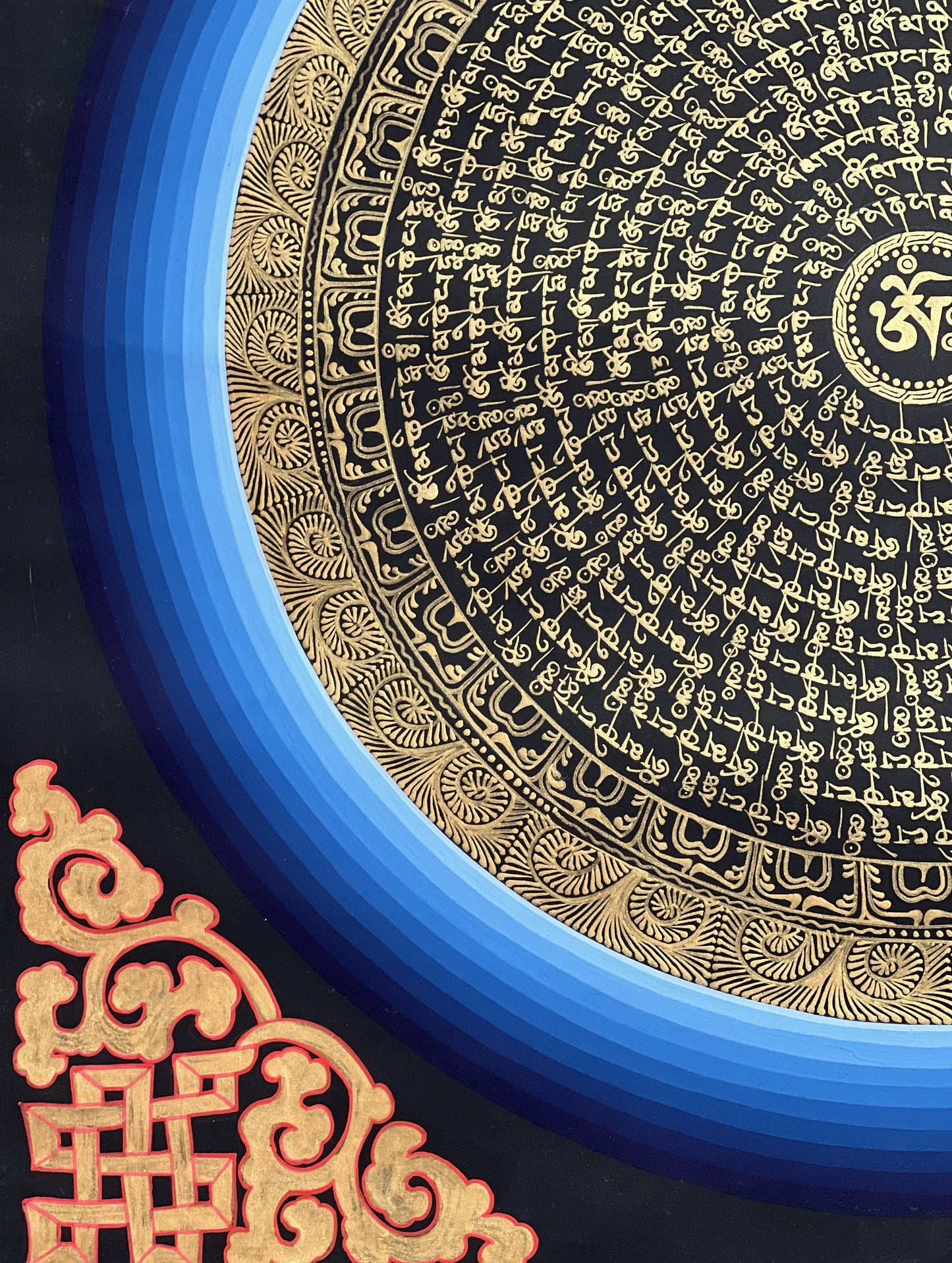 OM/ Om Mani Padme Hum Mantra Mandala Black and Gold Tibetan Thangka Painting Original Hand-Painted Meditation Art