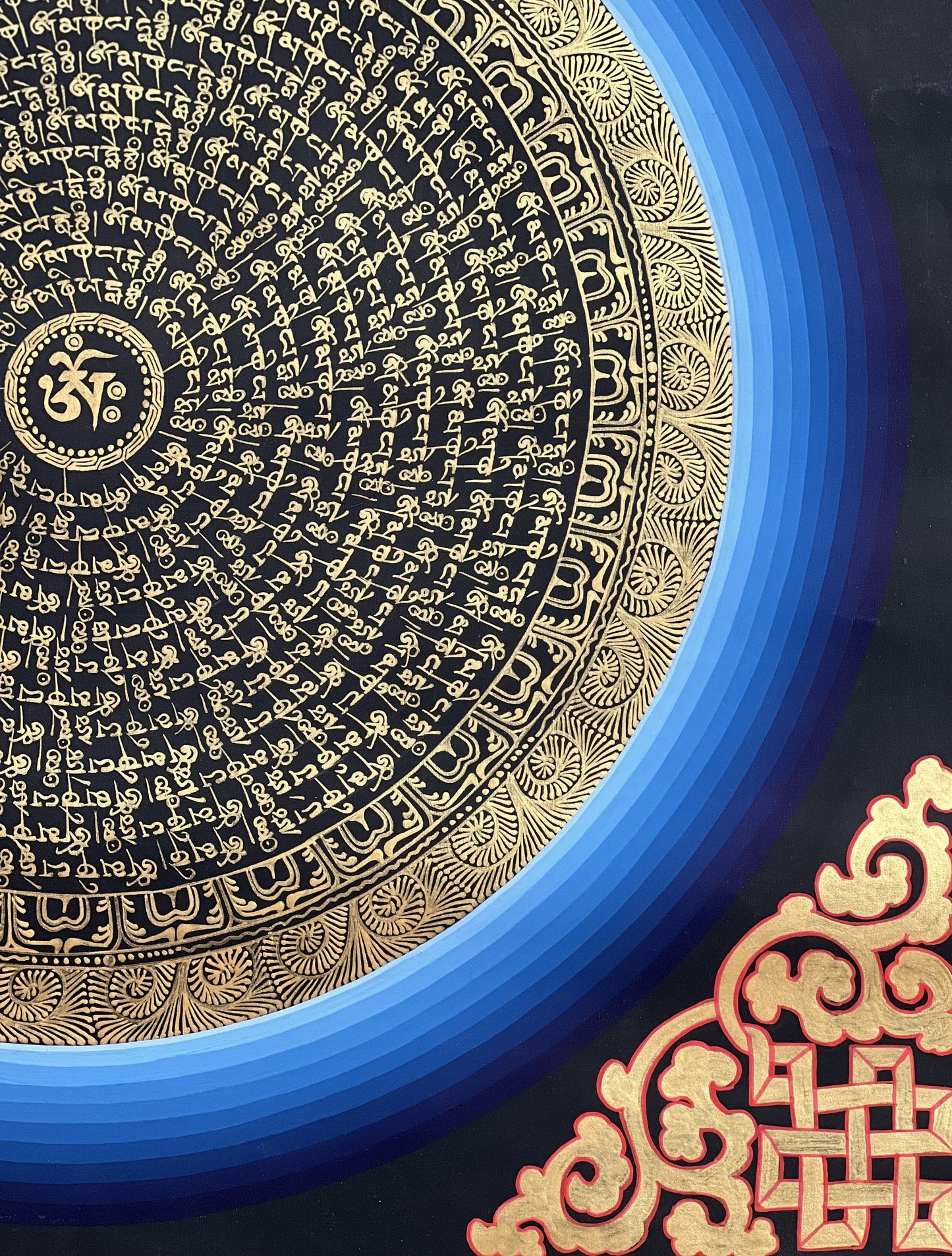 OM/ Om Mani Padme Hum Mantra Mandala Black and Gold Tibetan Thangka Painting Original Hand-Painted Meditation Art