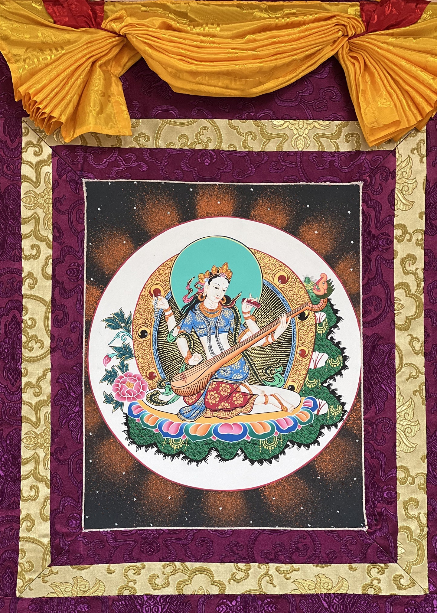 Mother Saraswati/ Saraswoti/Sarasvati, Goddess of Wisdom Thangka Painting, Original Hindu-Buddhist Art, Hand Painting with Silk Brocade