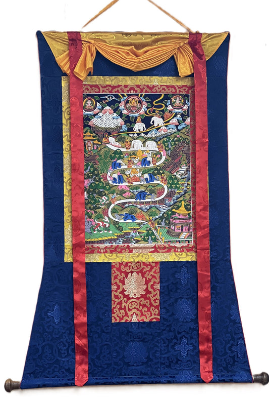 Samatha Meditation Way to Heaven/ Nirvana Master Quality Original Tibetan Thangka Painting with Silk Brocade