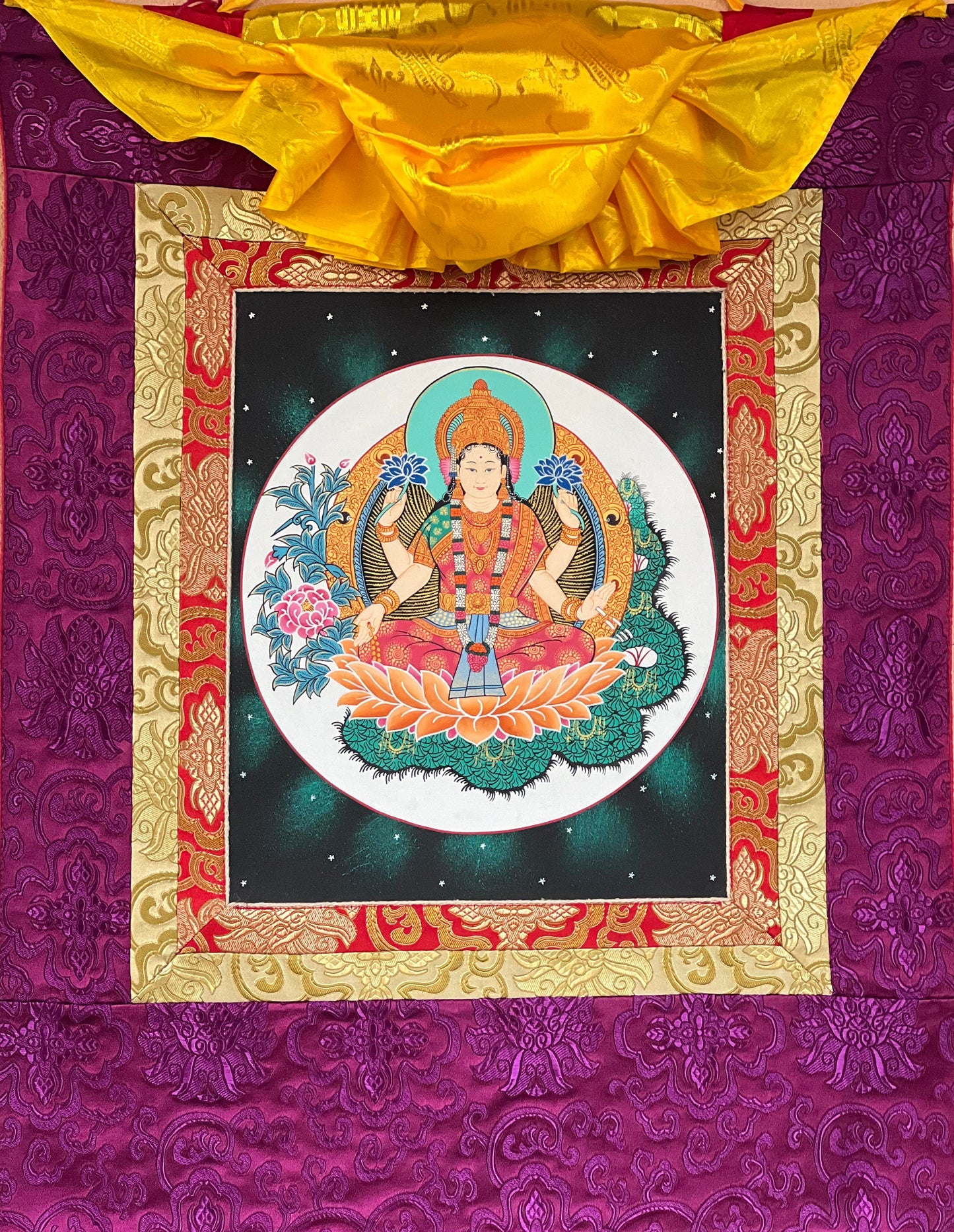 Goddess Laxmi/ Asta Laxmi/ Mahalaxmi/ Goddess of Wealth and Prosperity Thangka Painting, Original Hindu Buddhist Art with Silk Frame