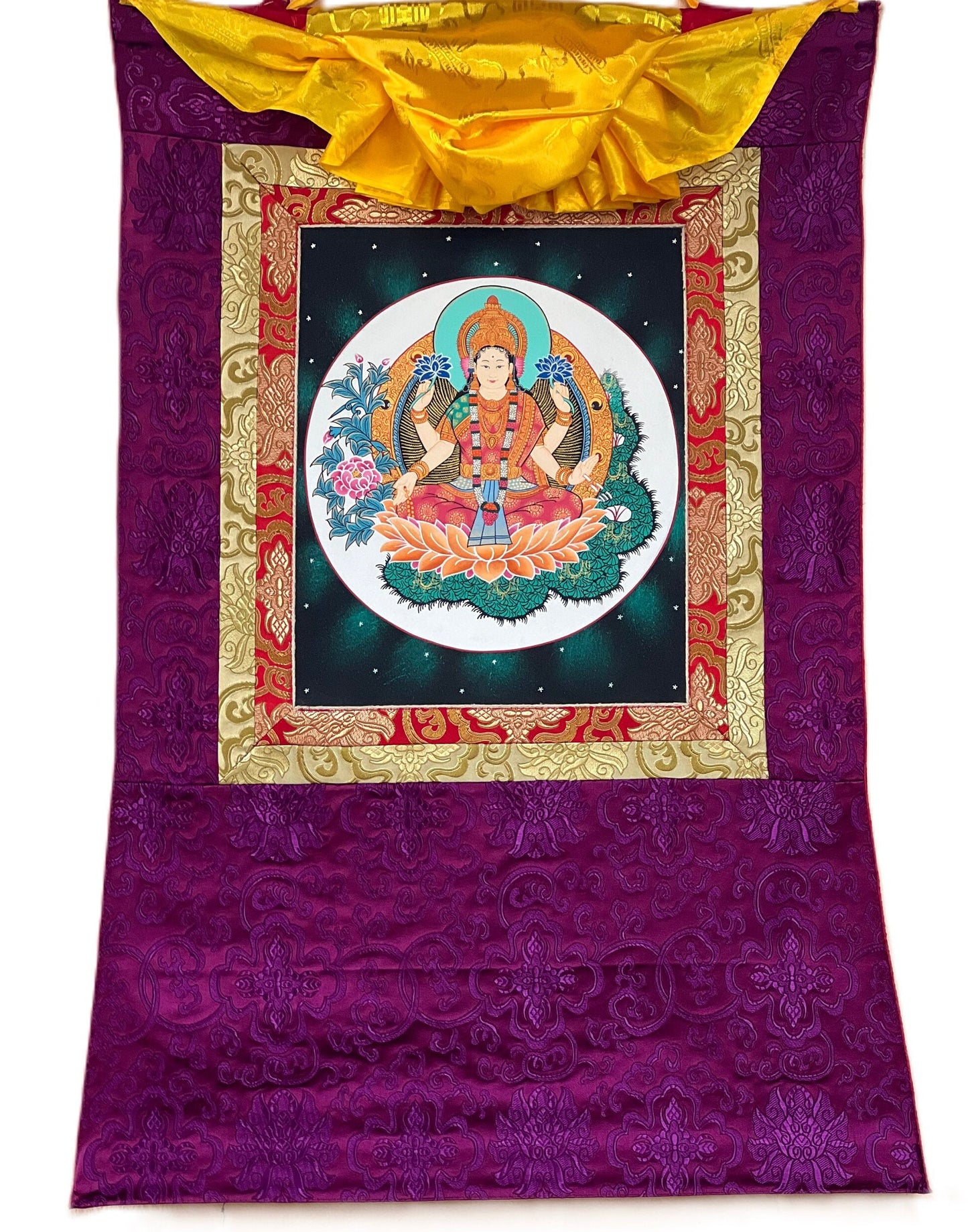 Goddess Laxmi/ Asta Laxmi/ Mahalaxmi/ Goddess of Wealth and Prosperity Thangka Painting, Original Hindu Buddhist Art with Silk Frame