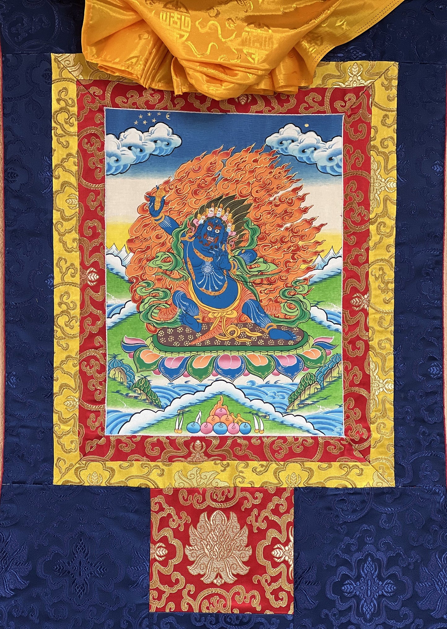 Vajrapani Dharmapala Thunderbolt-Wielder Original Hand Painted Tibetan Thangka Painting Meditation Art  with Silk Brocade