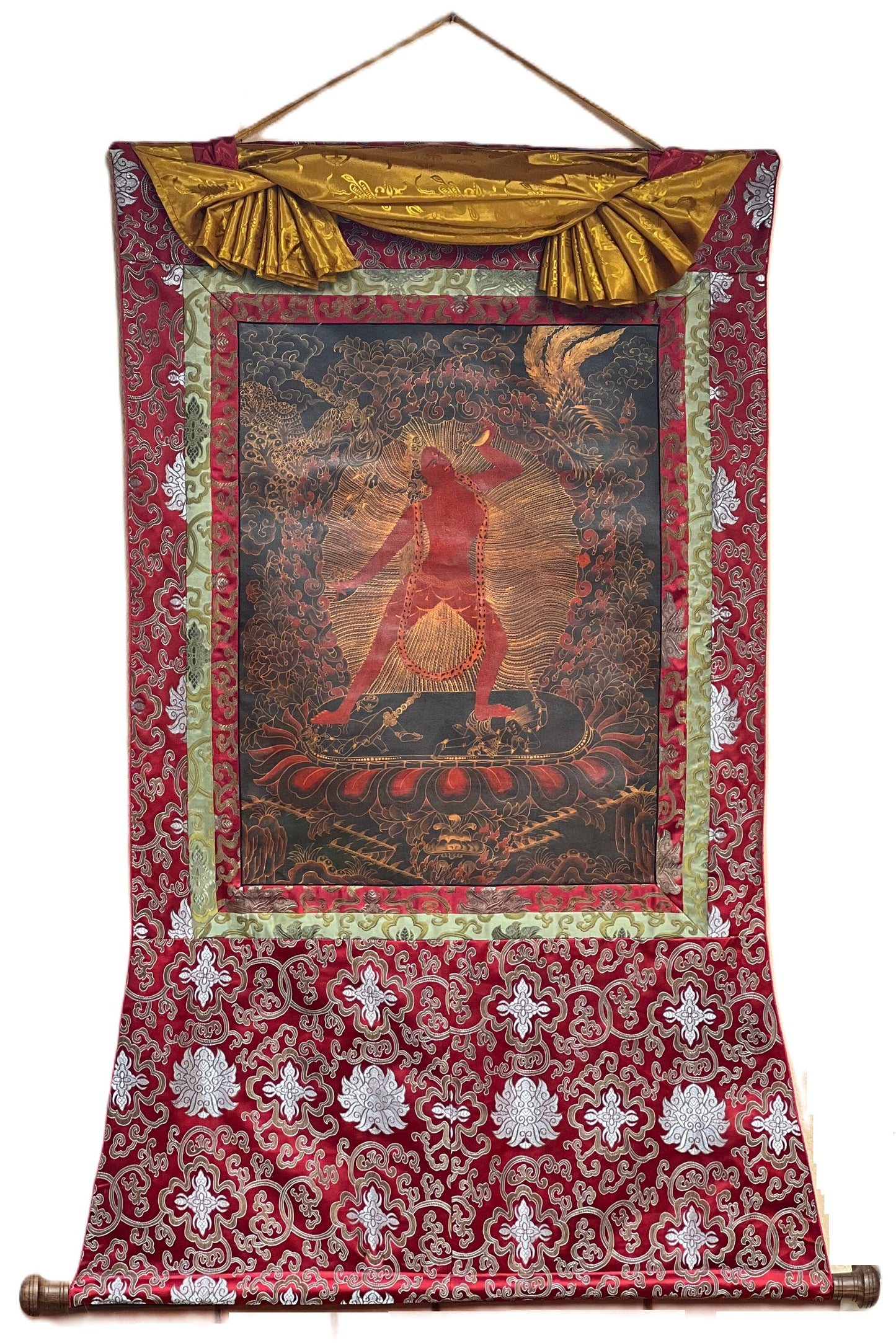 Vajrayoginī/ Yogini/ Dorje Neljorma/ Female Buddha Old Oil Varnished Tibetan Thangka Painting Original Hand-painting with Silk Brocade