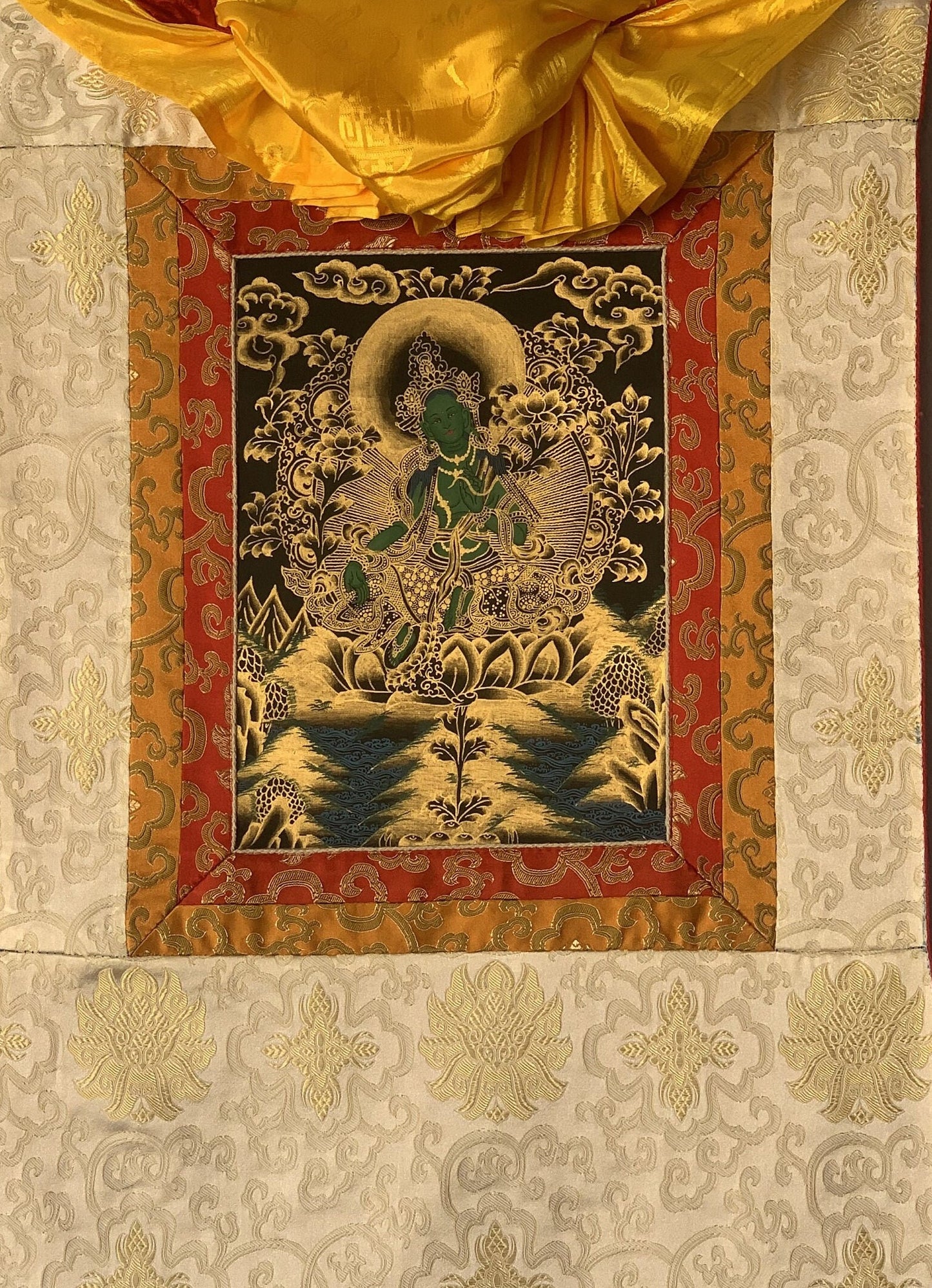 Green Tara/ Shyamatara/ Goddess of Compassion Tibetan Thangka Painting, Original Hand-painted, Buddhist Art with Silk Frame