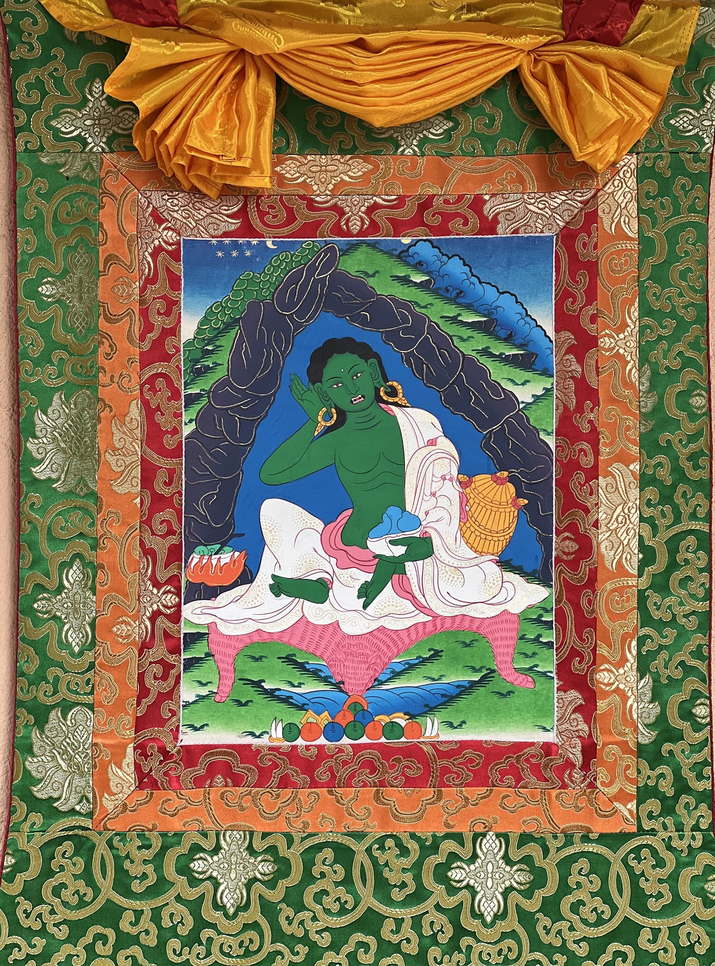 Jetsun Milarepa/Tibetan Yogi/ Siddha/ Poet/ Thangka Painting/ Original Art  Bordered with Traditional Silk