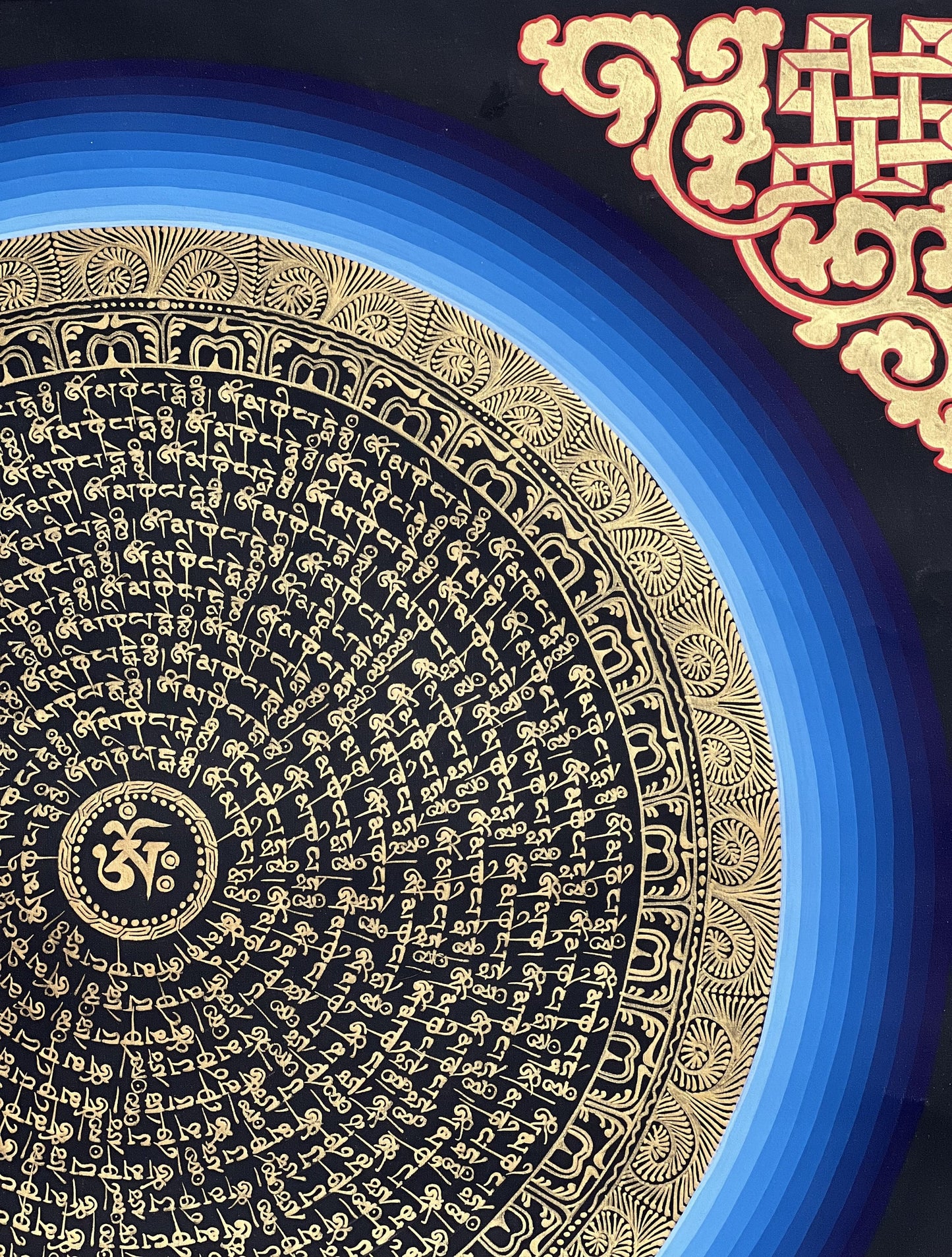 OM/ Om Mani Padme Hum Mantra Mandala Black and Gold Tibetan Thangka Painting Original Hand-Painted Meditation Art