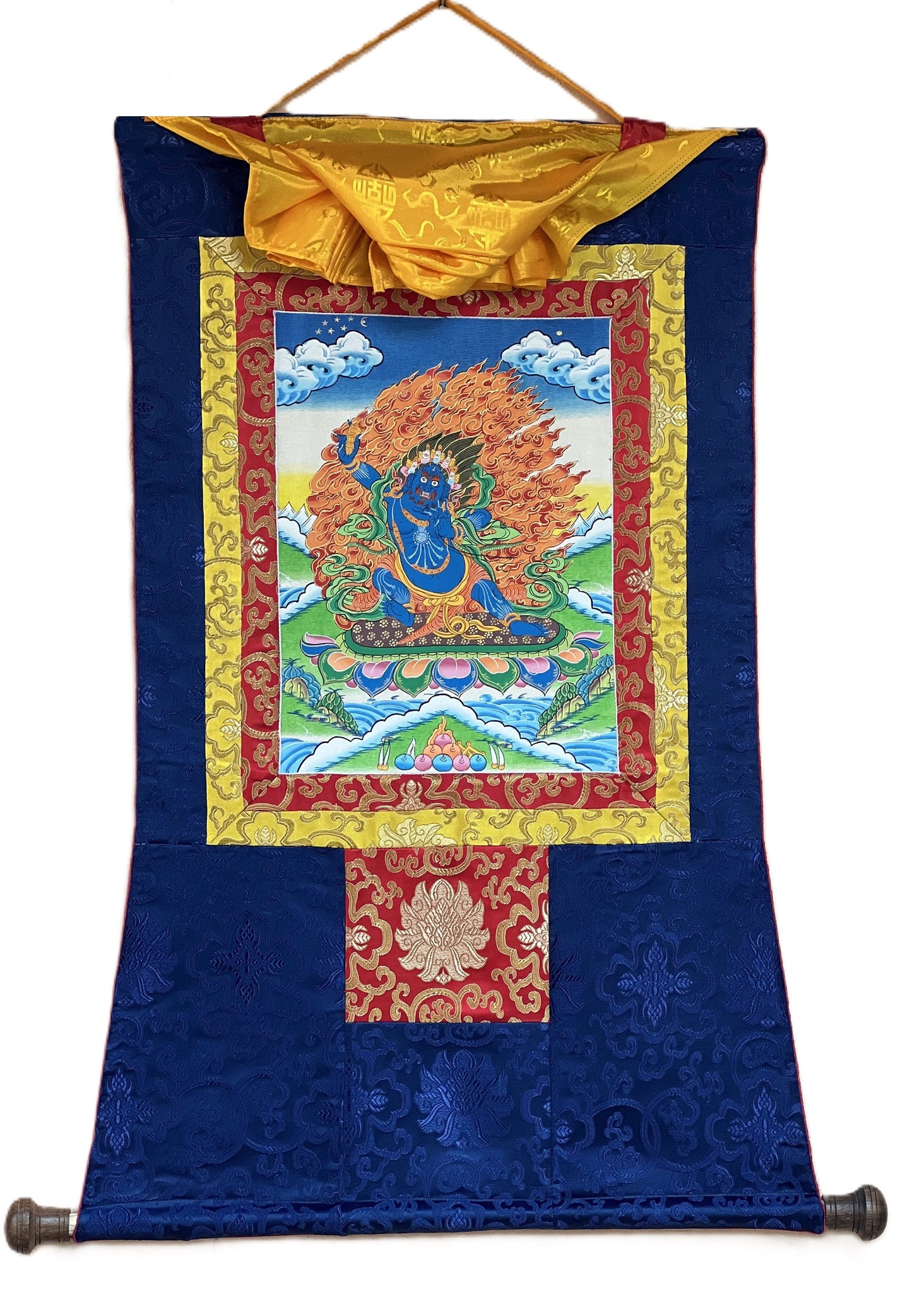 Vajrapani Dharmapala Thunderbolt-Wielder Original Hand Painted Tibetan Thangka Painting Meditation Art  with Silk Brocade