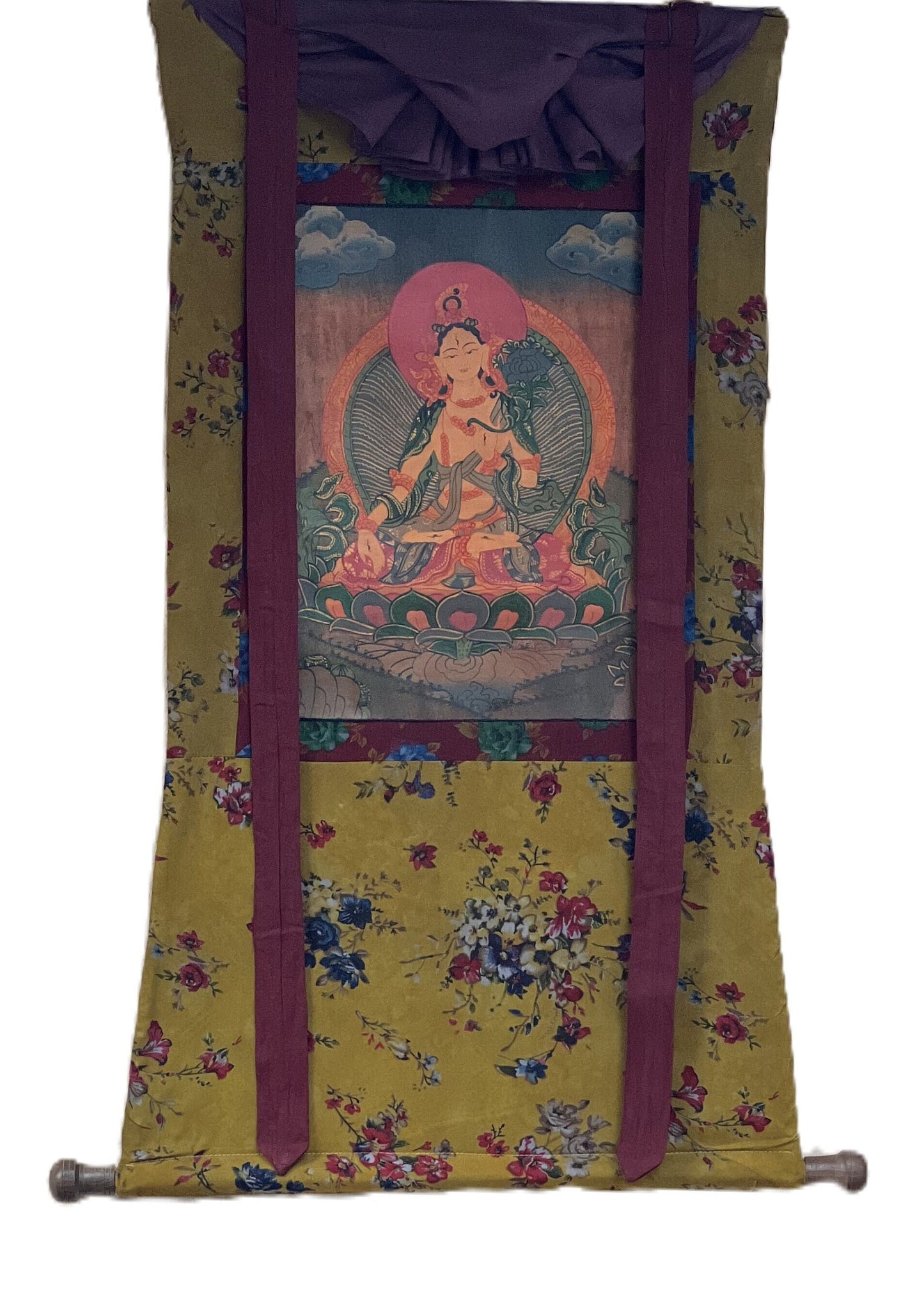 White Tara/ Sitatara/ Mother Goddess Old Oil Varnished Tibetan Thangka Painting/ Original Art with Cotton Brocade