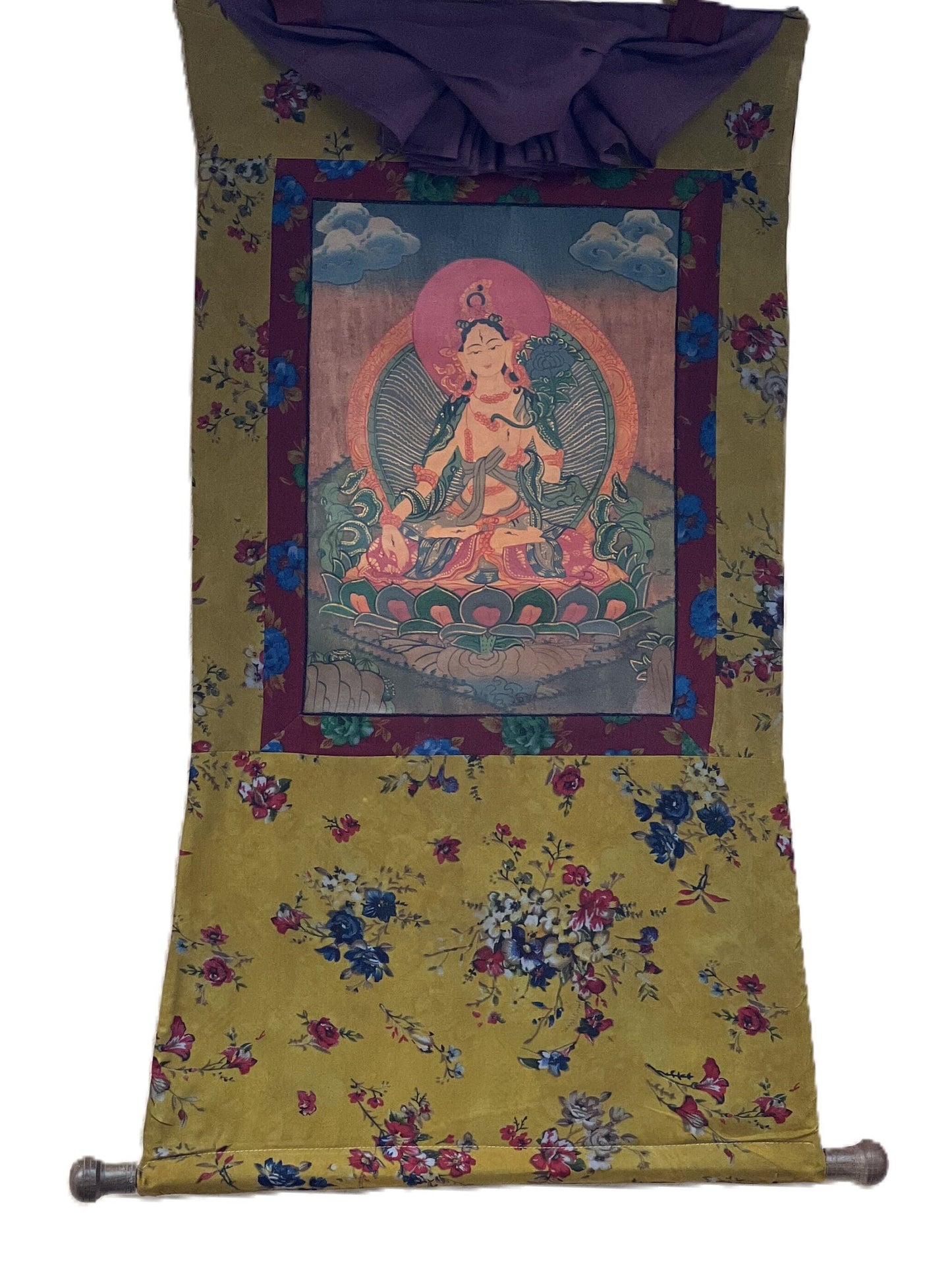 White Tara/ Sitatara/ Mother Goddess Old Oil Varnished Tibetan Thangka Painting/ Original Art with Cotton Brocade