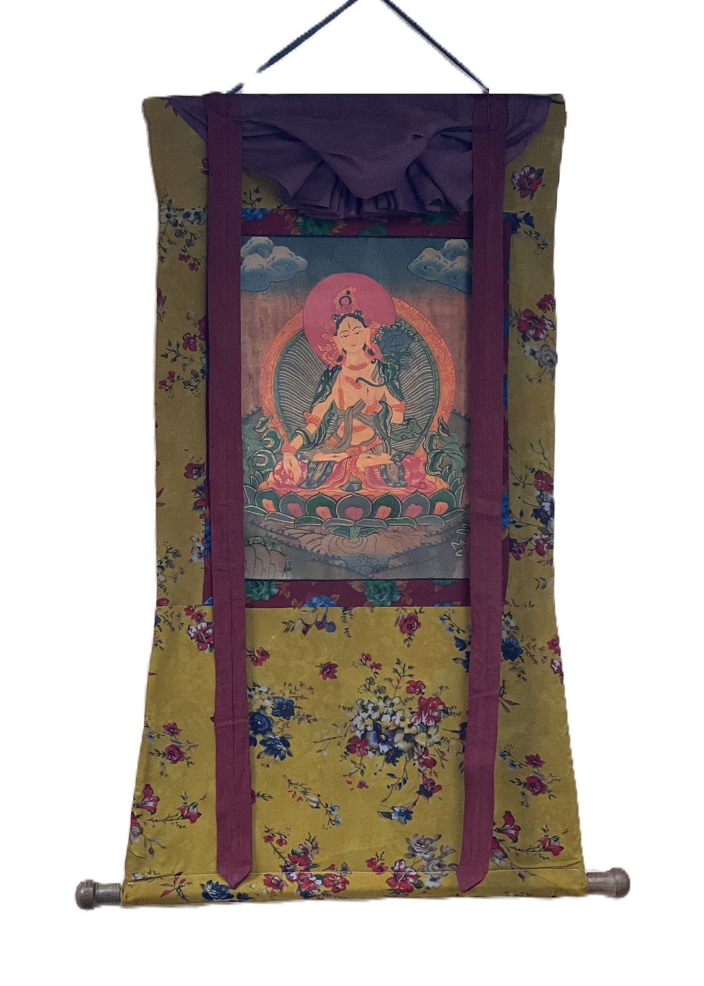 White Tara/ Sitatara/ Mother Goddess Old Oil Varnished Tibetan Thangka Painting/ Original Art with Cotton Brocade