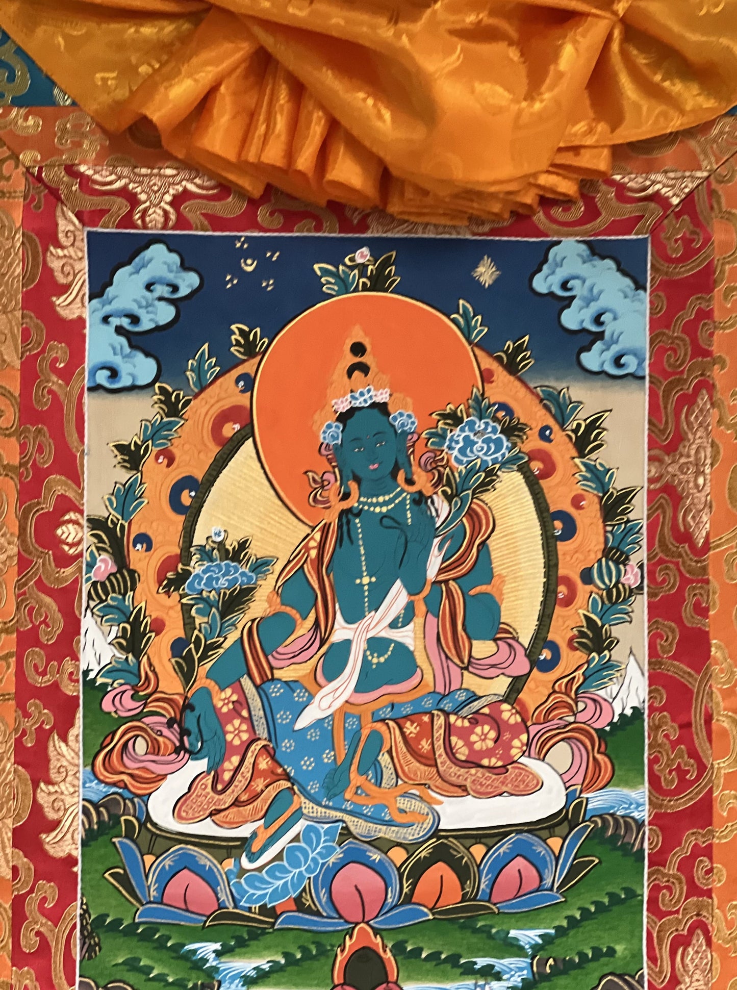 Hand Painted Green Tara, Shyamatara/ Mother Goddess, Masterpiece Tibetan Thangka Painting, Original Buddhist Art with Silk Brocade