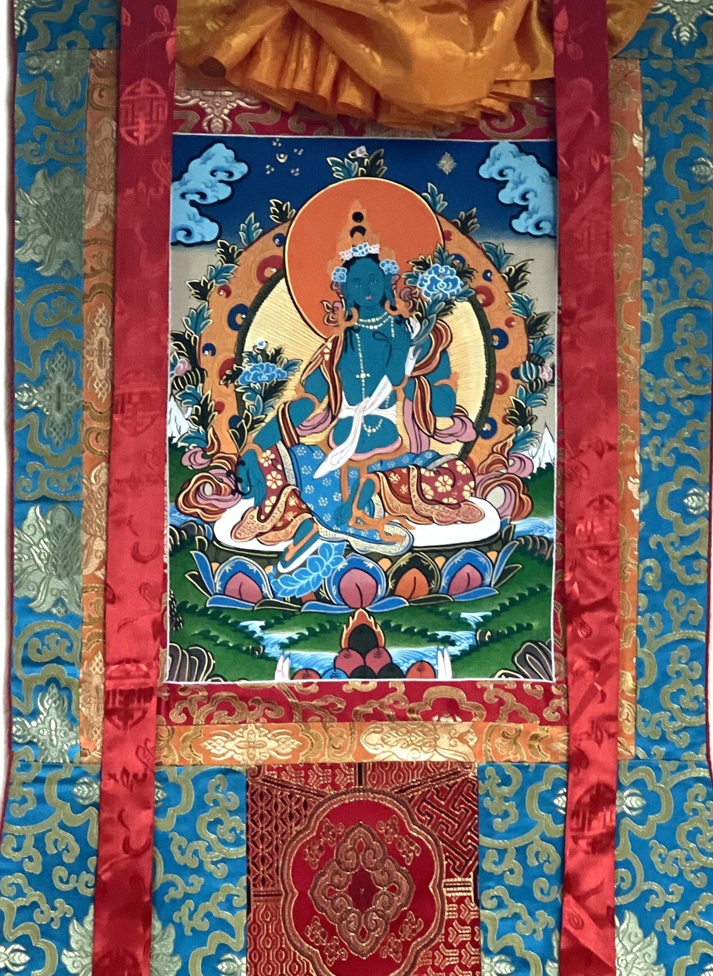 Hand Painted Green Tara, Shyamatara/ Mother Goddess, Masterpiece Tibetan Thangka Painting, Original Buddhist Art with Silk Brocade