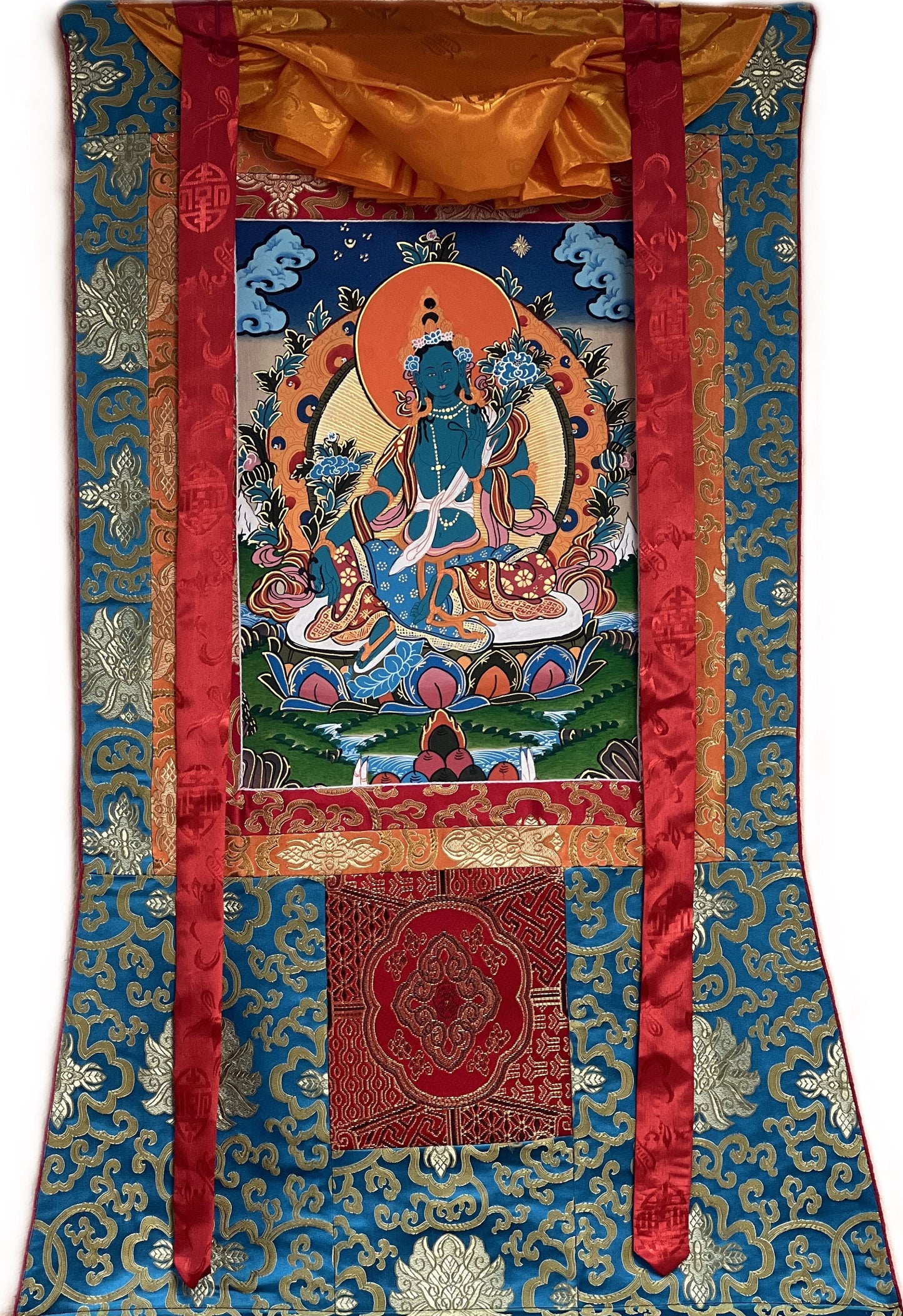 Hand Painted Green Tara, Shyamatara/ Mother Goddess, Masterpiece Tibetan Thangka Painting, Original Buddhist Art with Silk Brocade