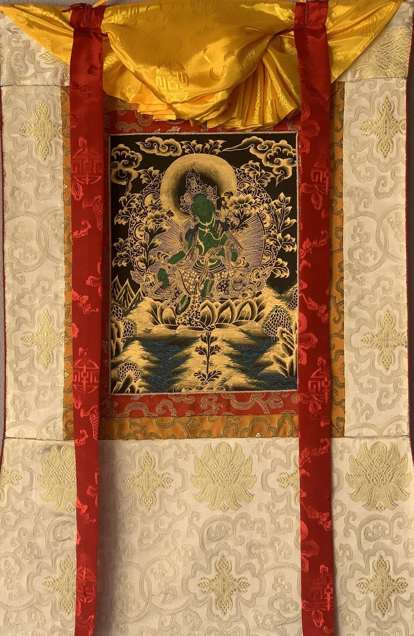 Green Tara/ Shyamatara/ Goddess of Compassion Tibetan Thangka Painting, Original Hand-painted, Buddhist Art with Silk Frame