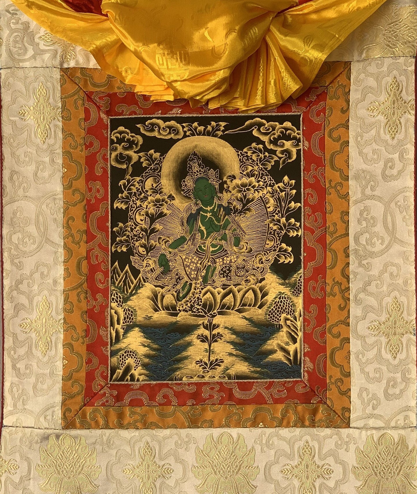 Green Tara/ Shyamatara/ Goddess of Compassion Tibetan Thangka Painting, Original Hand-painted, Buddhist Art with Silk Frame