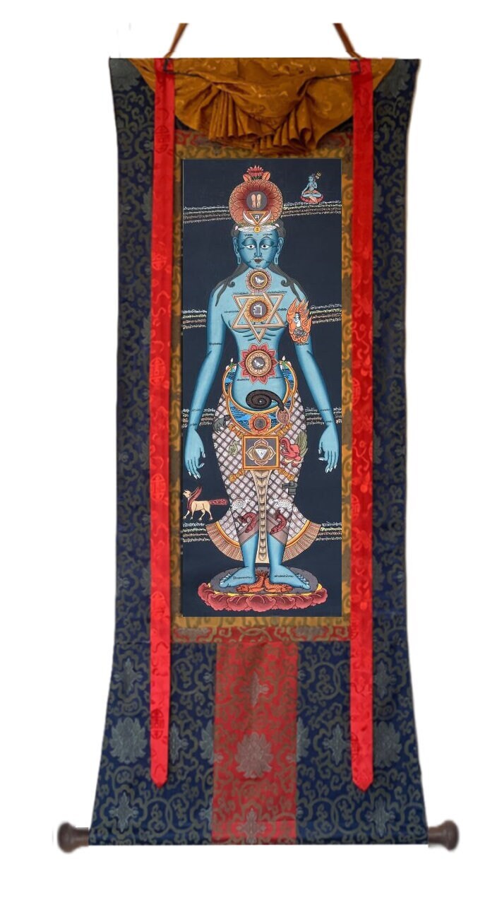 7 Body Chakras/ Yogic Chakra/ Kundalini Energy/ Kundalini Healing  Masterpiece Tibetan Thangka Painting Original Art with  Silk Brocade