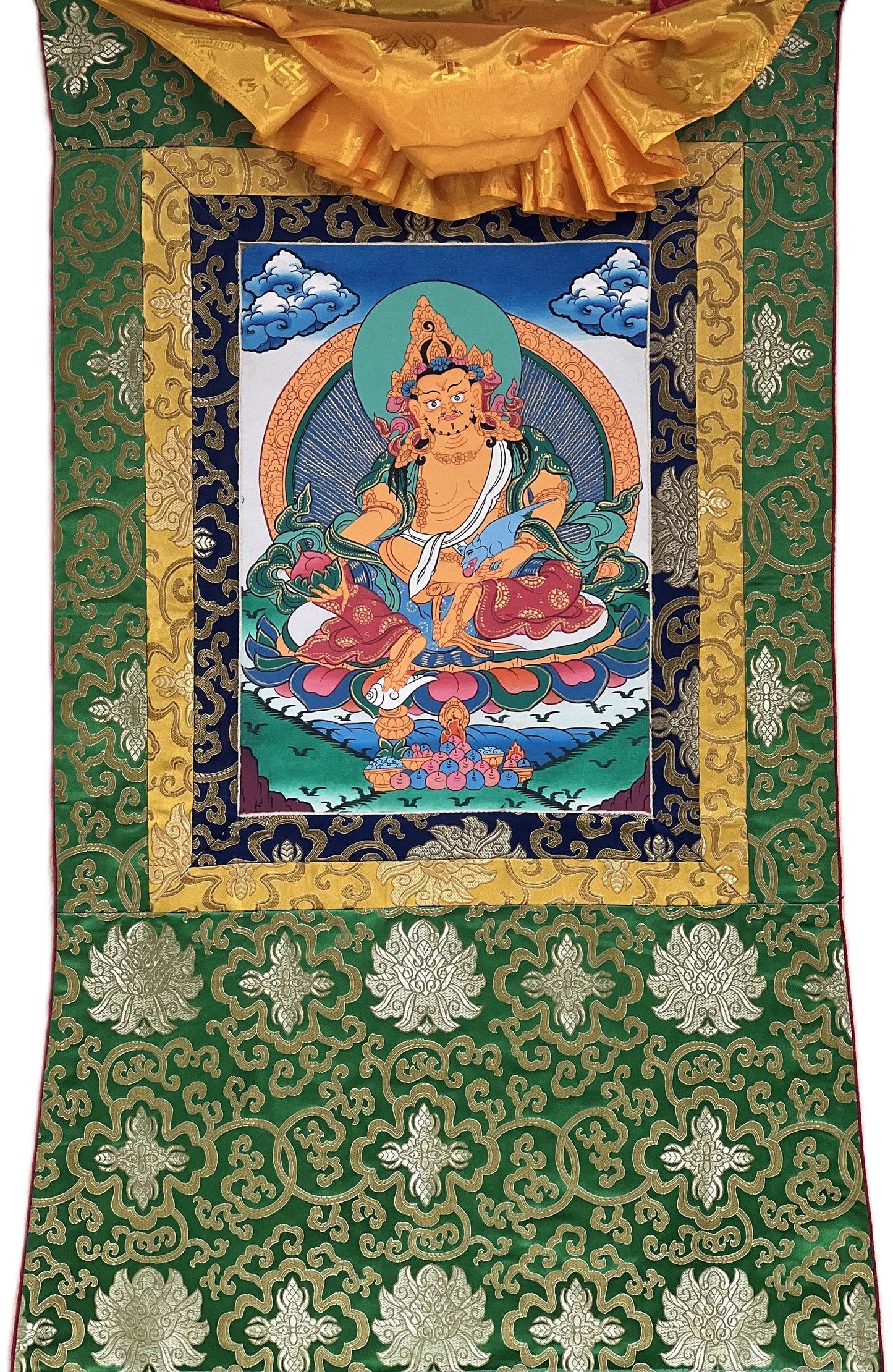 Yellow Jambhala/ Zambala/Kuber God of Wealth Tibetan Thangka Painting/ Original Buddhist Meditation Art  with Silk Border