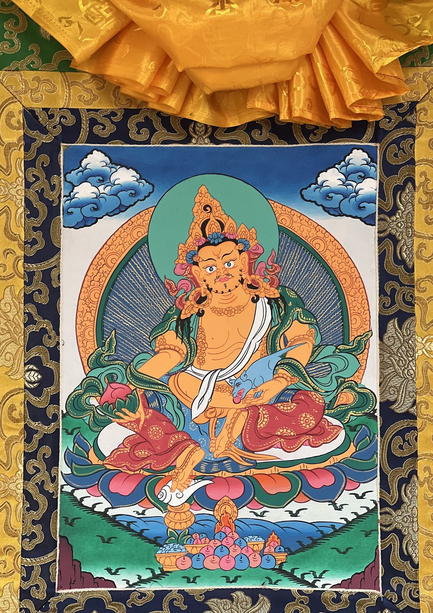 Yellow Jambhala/ Zambala/Kuber God of Wealth Tibetan Thangka Painting/ Original Buddhist Meditation Art  with Silk Border